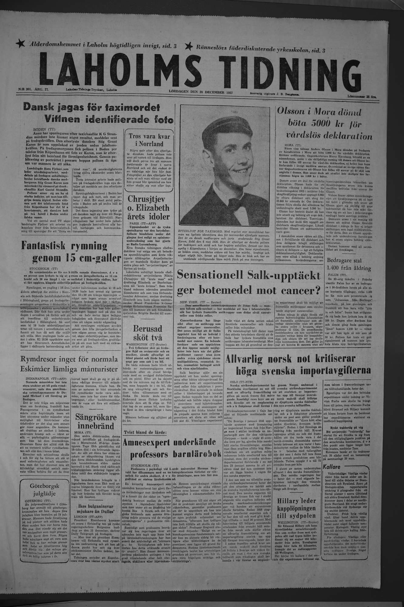 Laholms Tidning Lördag 28 december 1957, sida 1