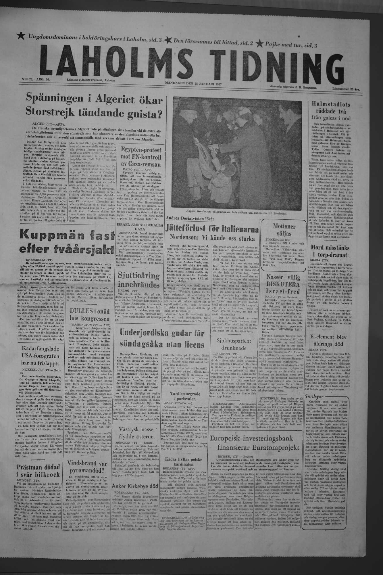 Laholms Tidning Måndag 28 januari 1957, sida 1