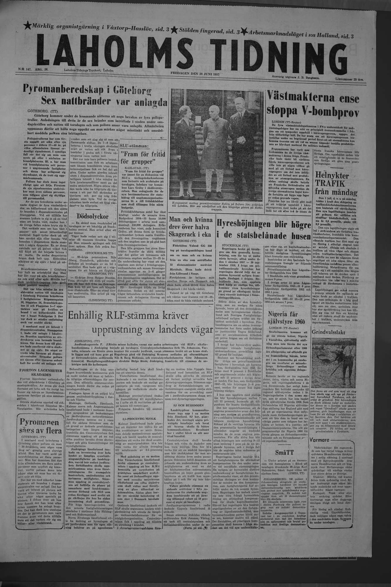 Laholms Tidning Fredag 28 juni 1957, sida 1
