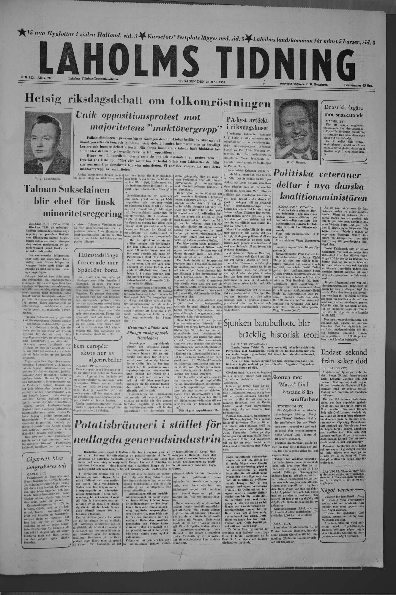 Laholms Tidning Tisdag 28 maj 1957, sida 1