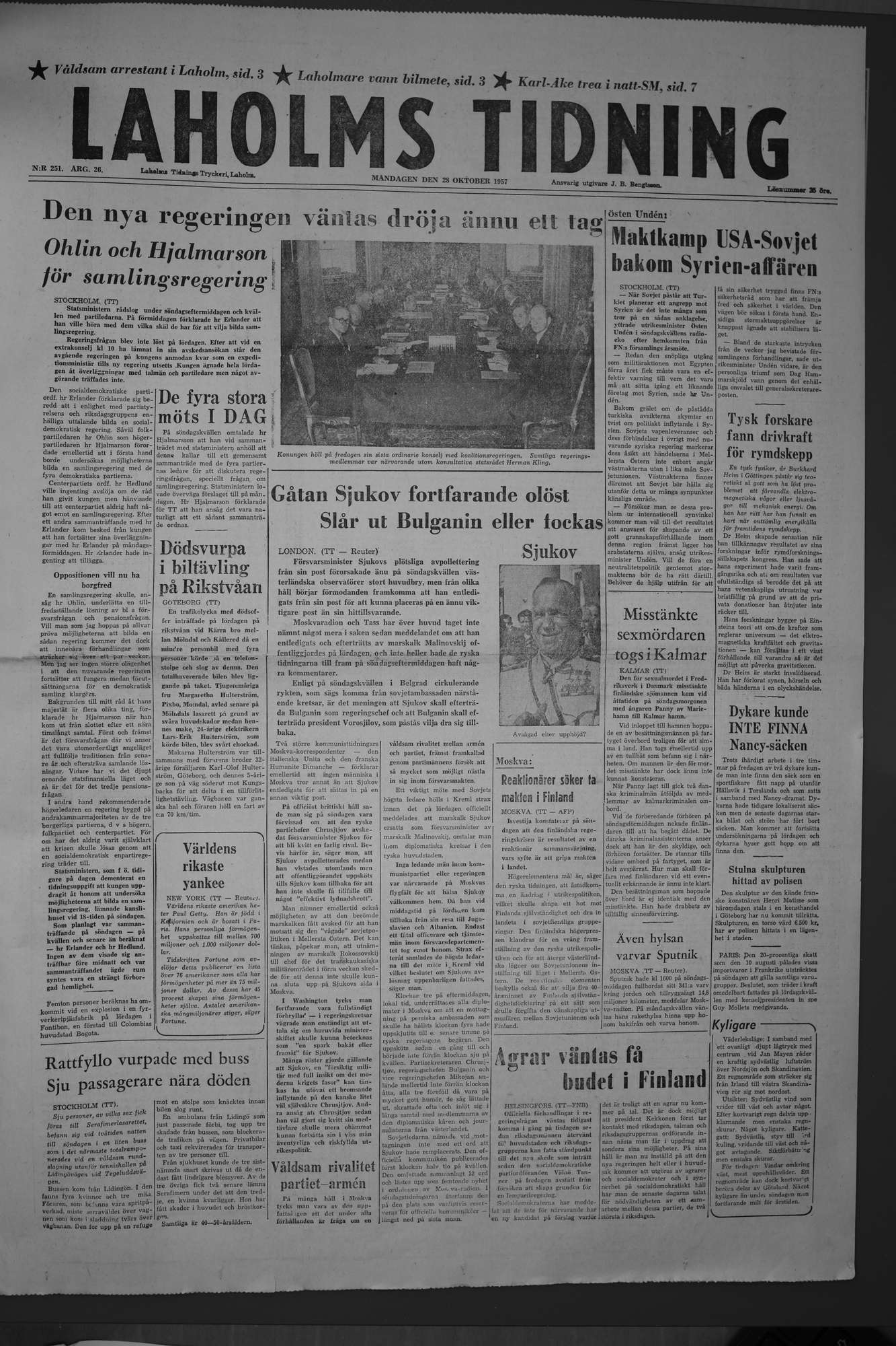 Laholms Tidning Måndag 28 oktober 1957, sida 1