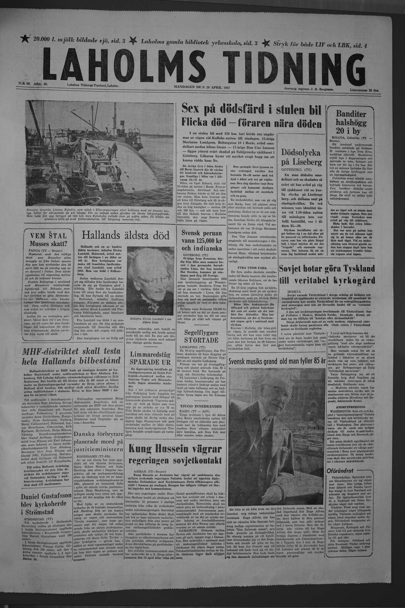 Laholms Tidning Måndag 29 april 1957, sida 1