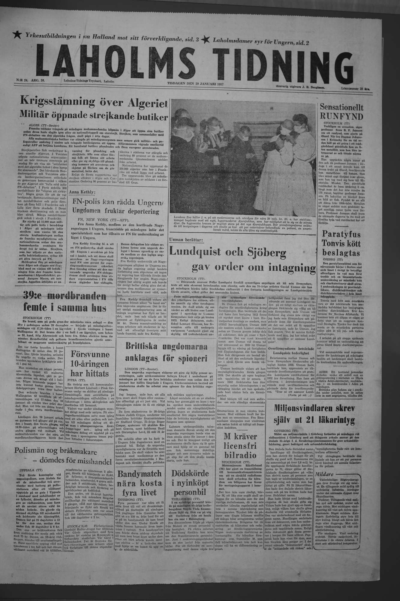 Laholms Tidning Tisdag 29 januari 1957, sida 1