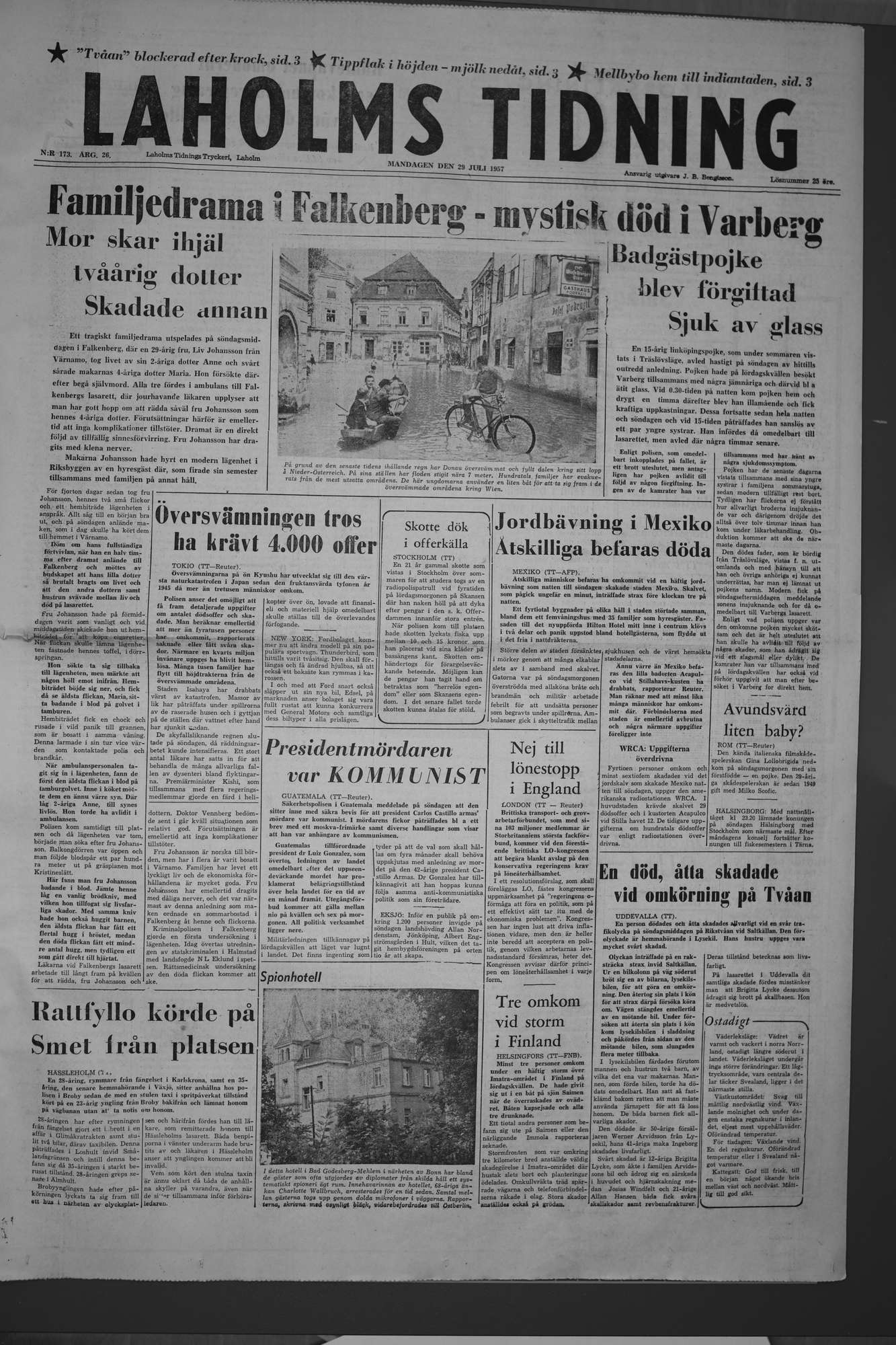 Laholms Tidning Måndag 29 juli 1957, sida 1