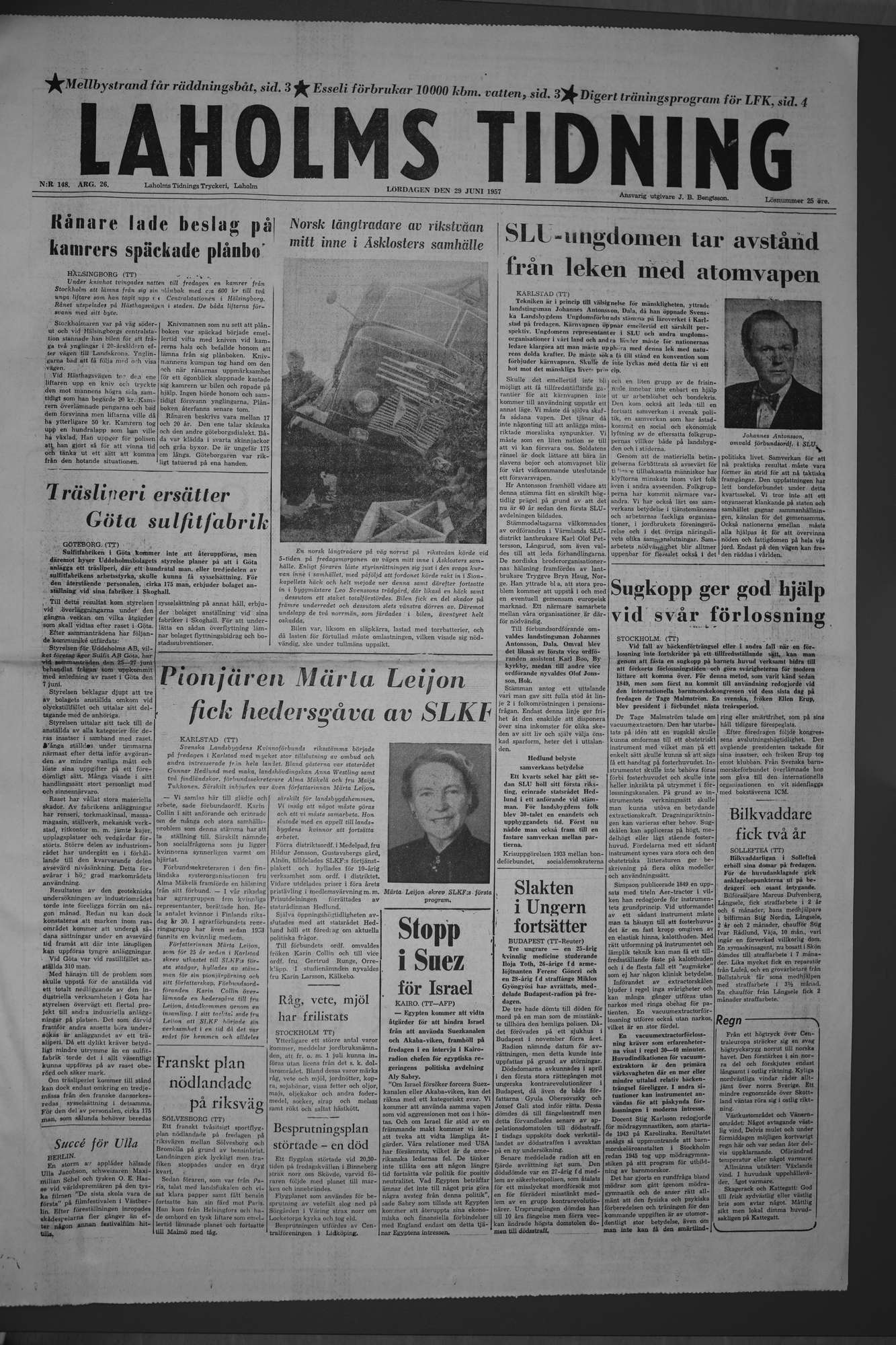 Laholms Tidning Lördag 29 juni 1957, sida 1