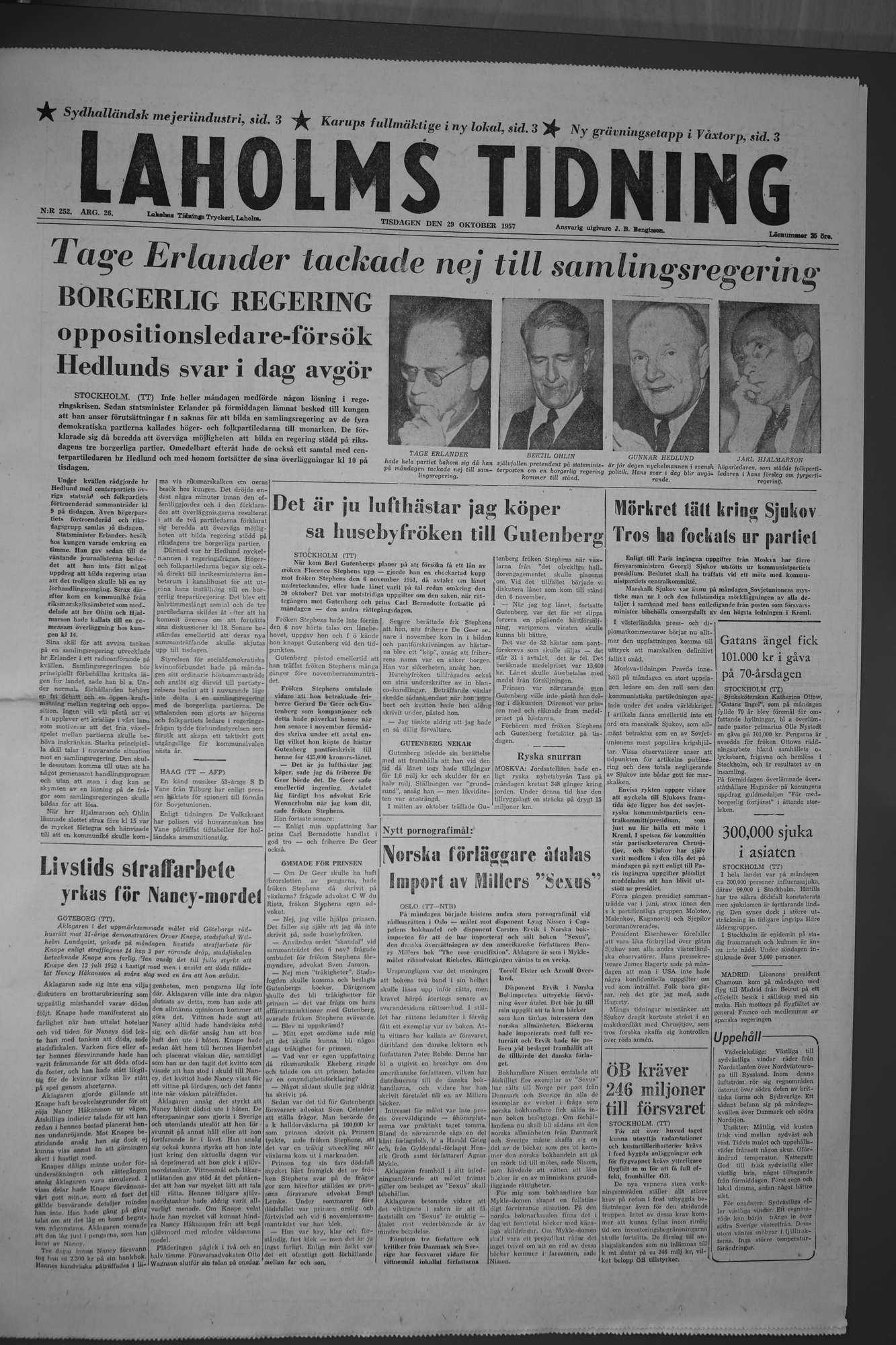 Laholms Tidning Tisdag 29 oktober 1957, sida 1
