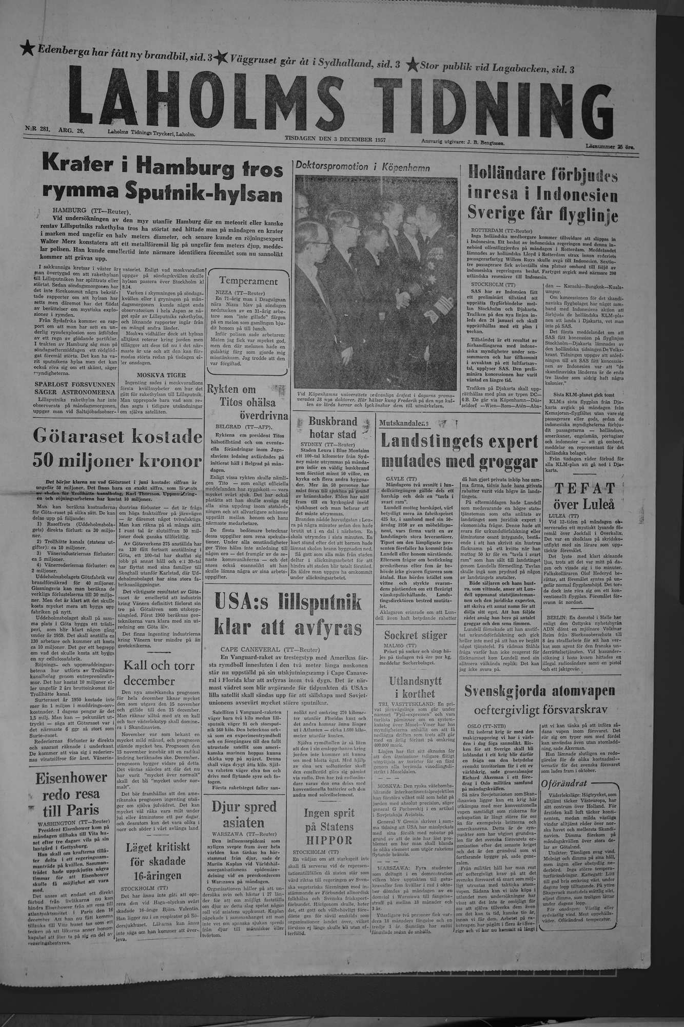 Laholms Tidning Tisdag 3 december 1957, sida 1