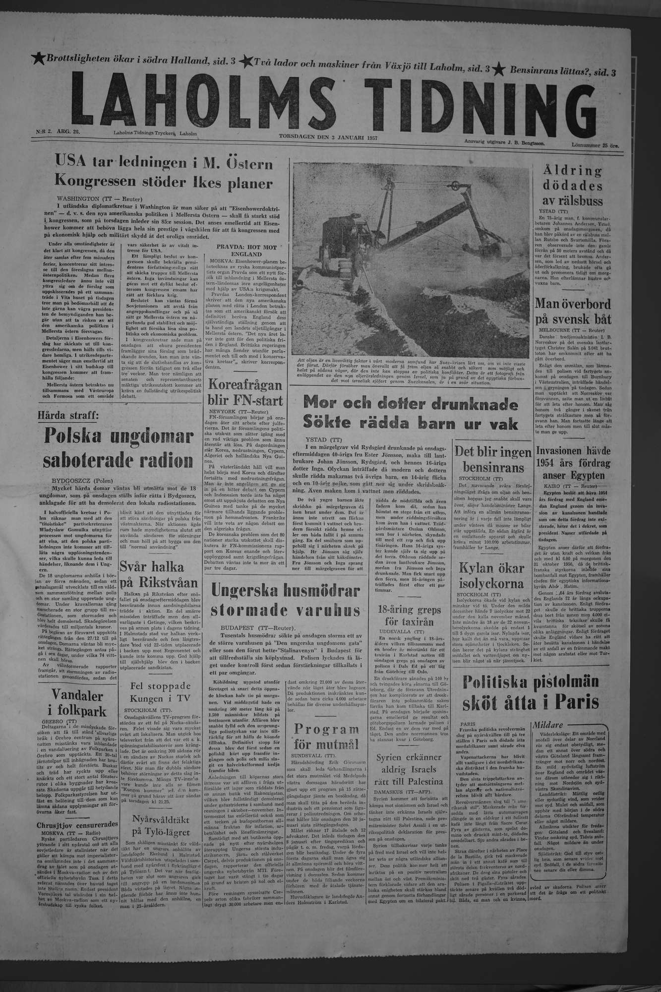 Laholms Tidning Torsdag 3 januari 1957, sida 1