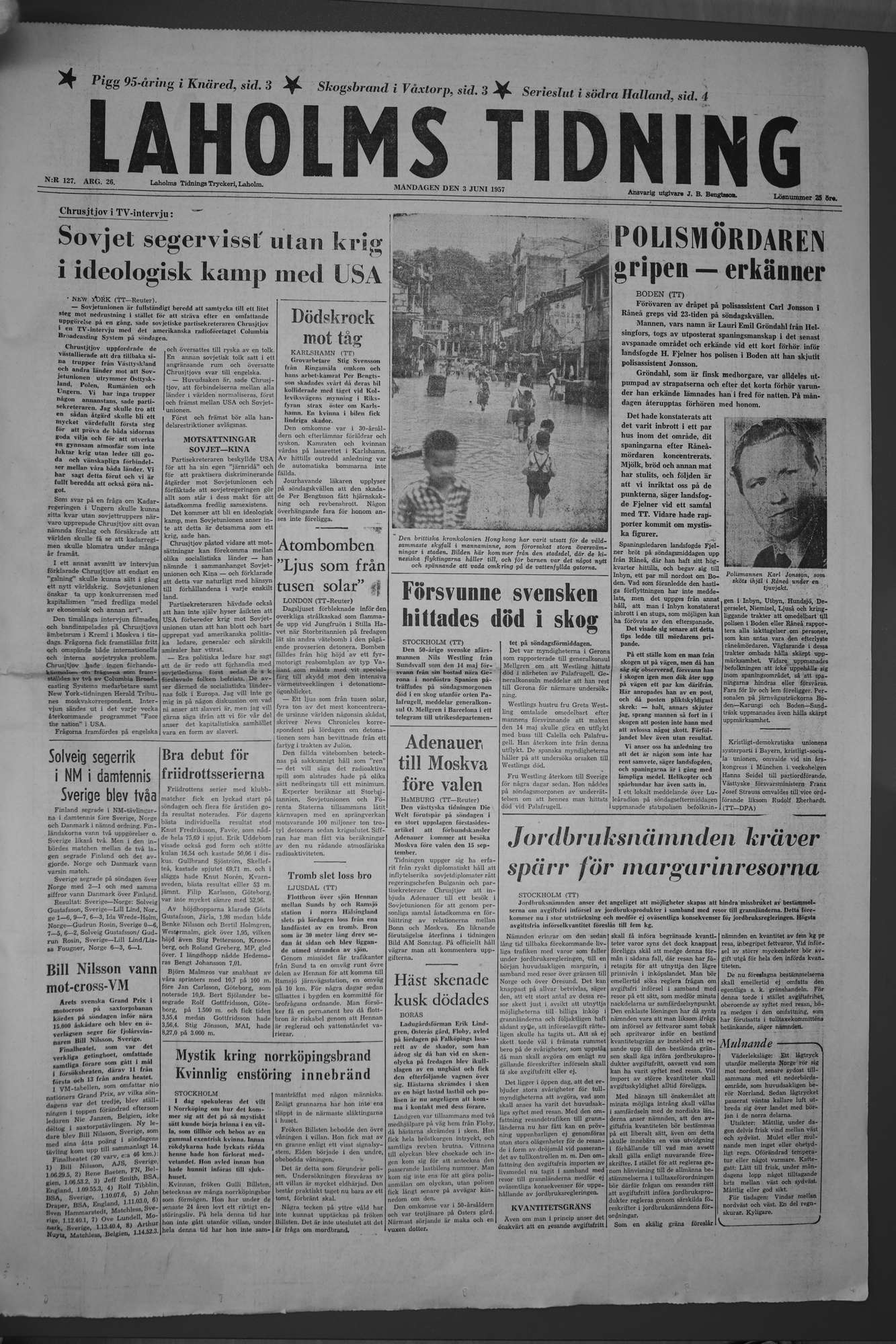 Laholms Tidning Måndag 3 juni 1957, sida 1