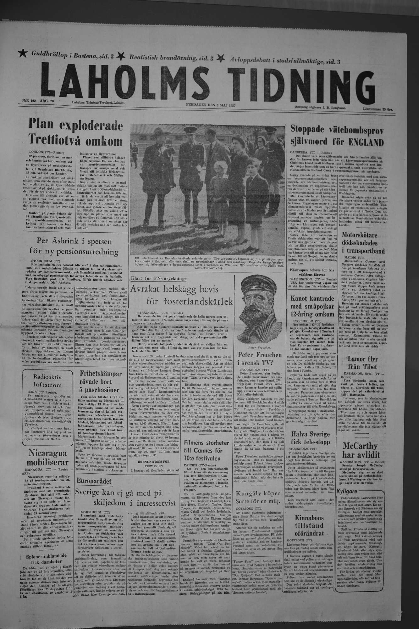Laholms Tidning Fredag 3 maj 1957, sida 1