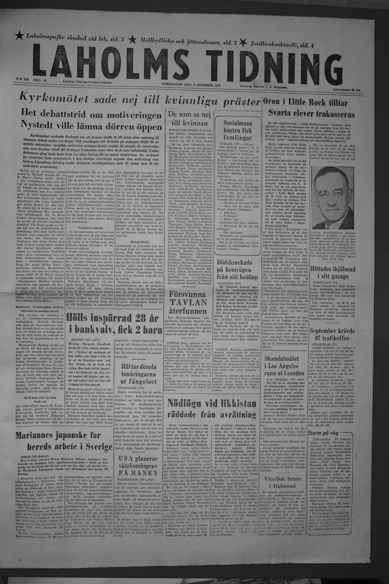 Laholms Tidning Torsdag 3 oktober 1957, sida 1