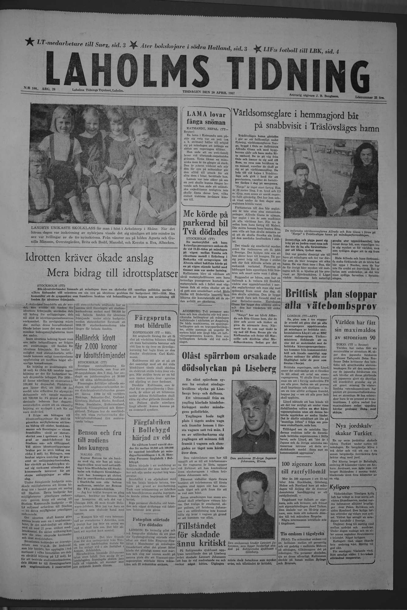 Laholms Tidning Tisdag 30 april 1957, sida 1