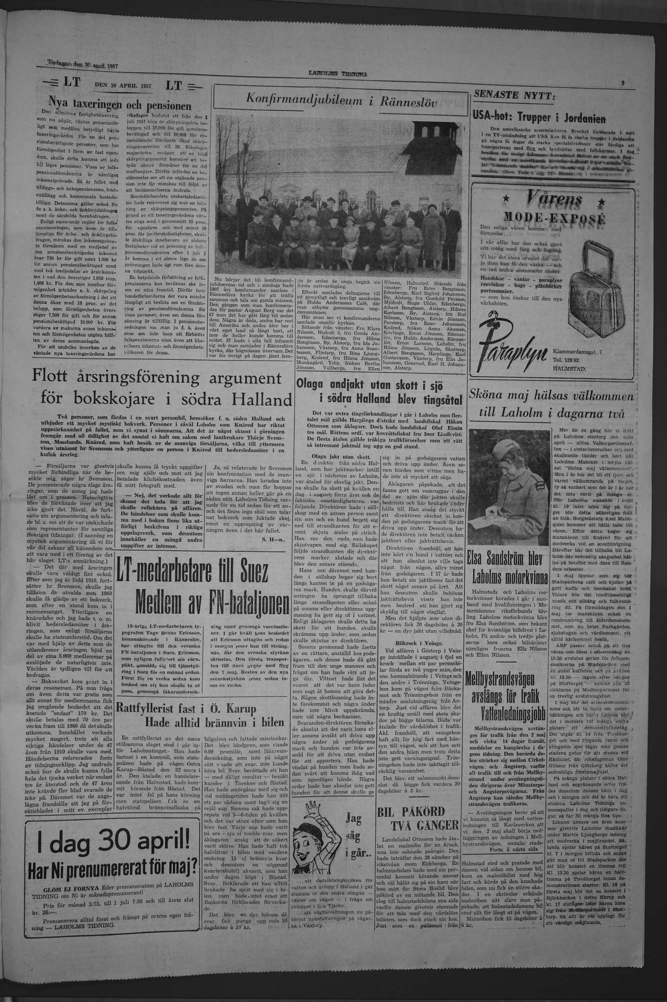 Laholms Tidning Tisdag 30 april 1957, sida 3