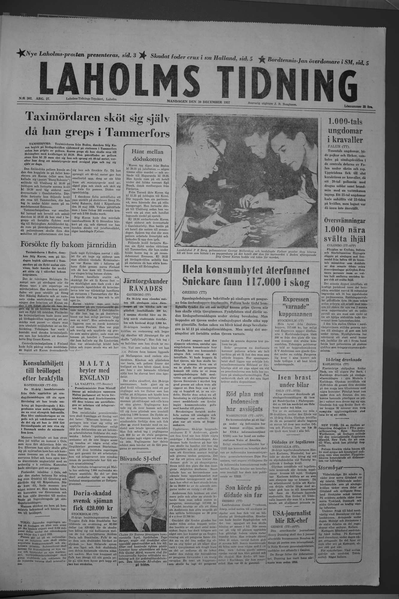 Laholms Tidning Måndag 30 december 1957, sida 1