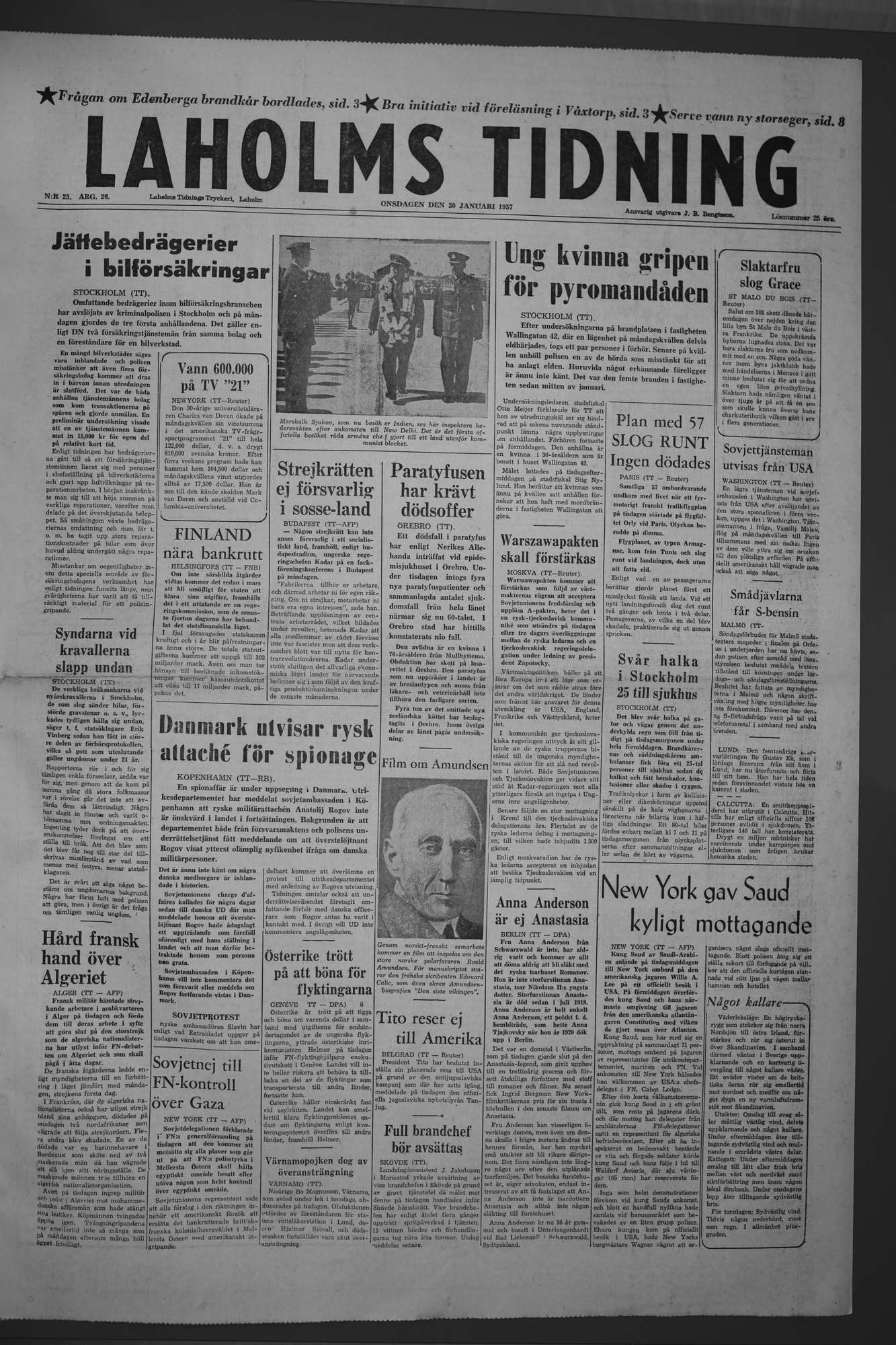 Laholms Tidning Onsdag 30 januari 1957, sida 1