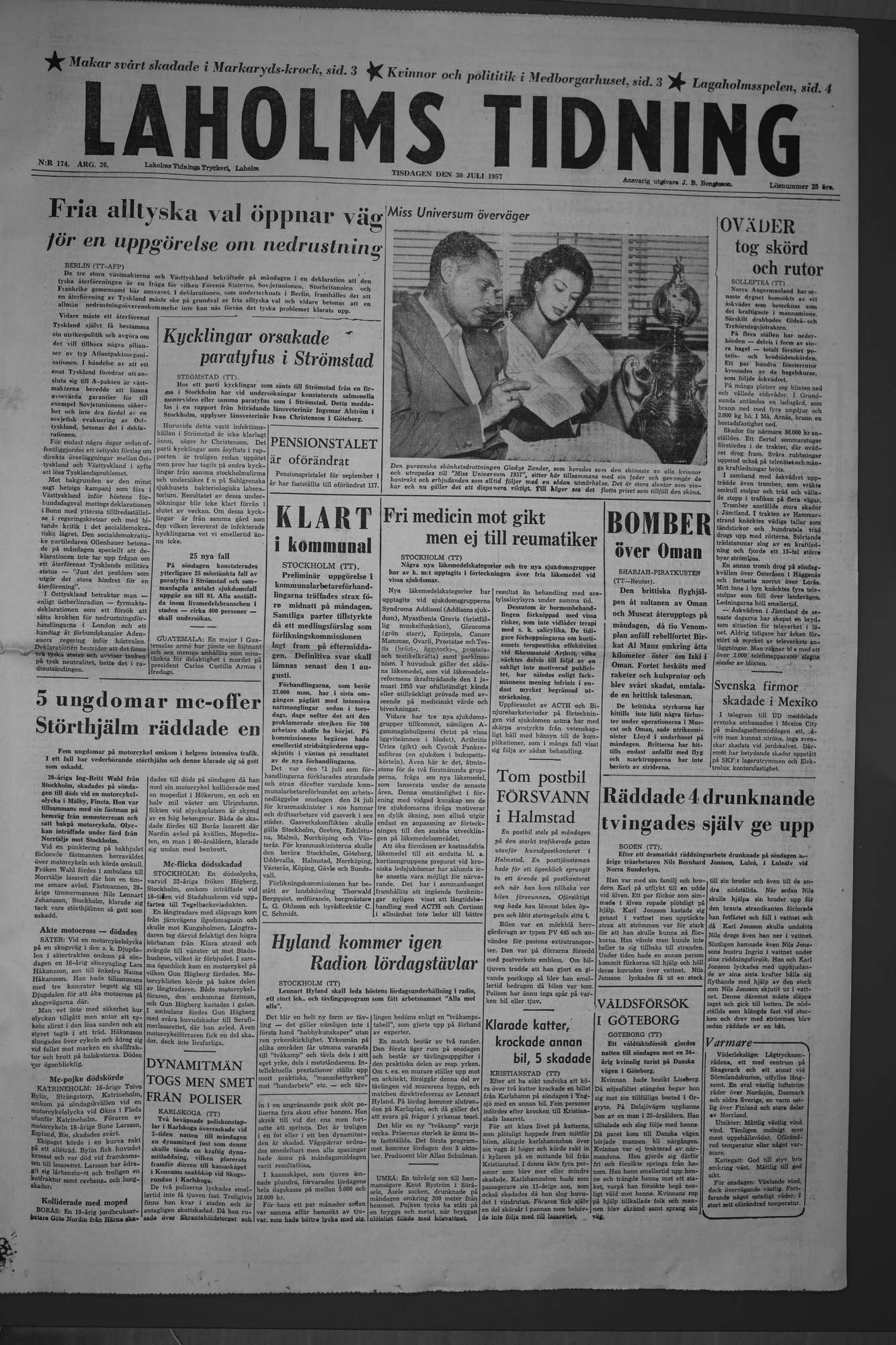 Laholms Tidning Tisdag 30 juli 1957, sida 1