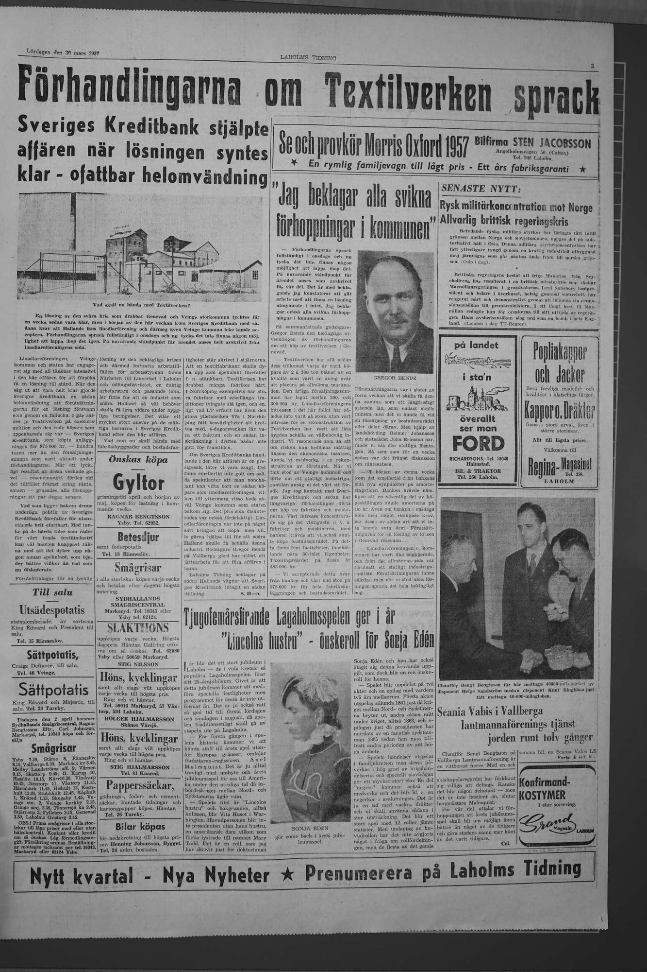 Laholms Tidning Lördag 30 mars 1957, sida 3