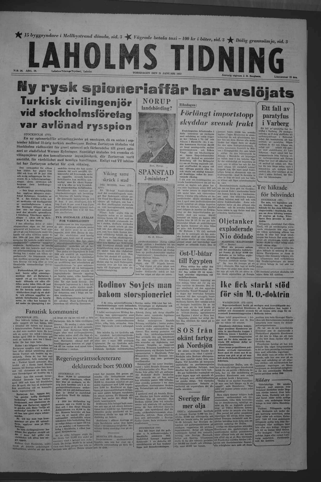 Laholms Tidning Torsdag 31 januari 1957, sida 1