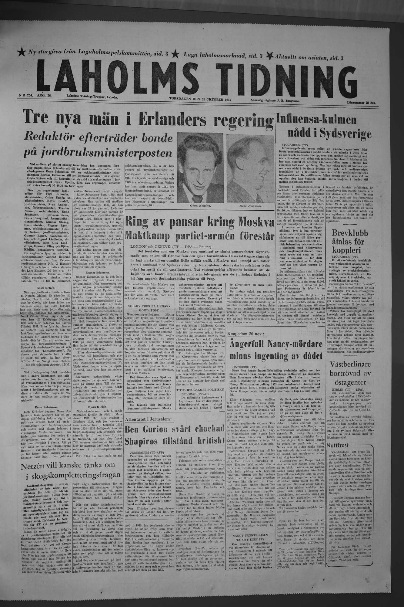 Laholms Tidning Torsdag 31 oktober 1957, sida 1