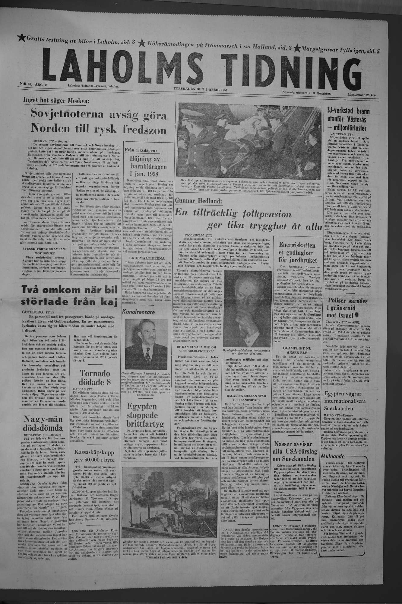 Laholms Tidning Torsdag 4 april 1957, sida 1