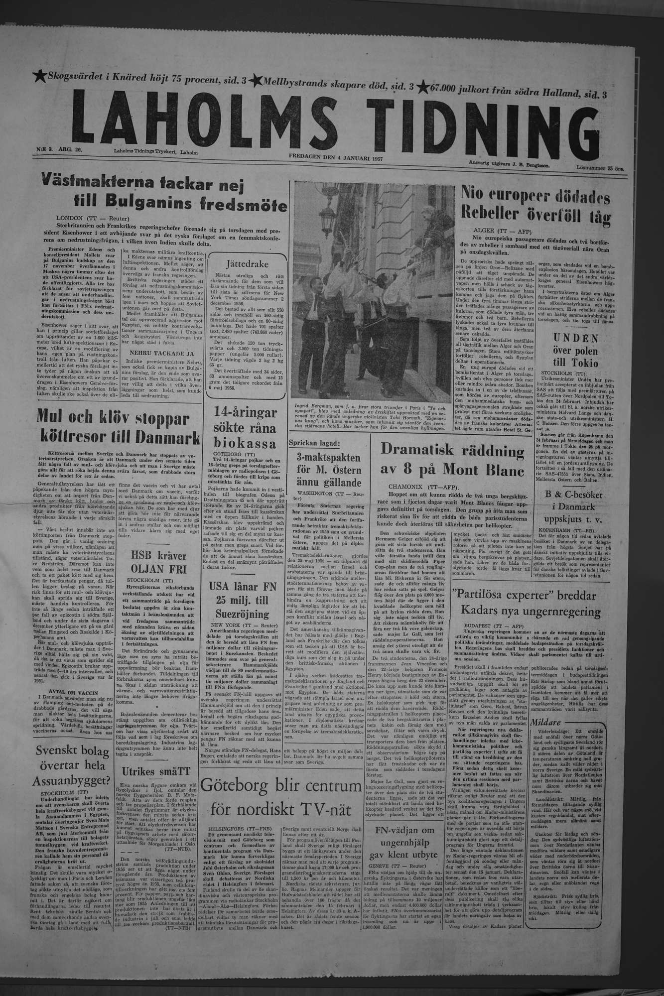 Laholms Tidning Fredag 4 januari 1957, sida 1