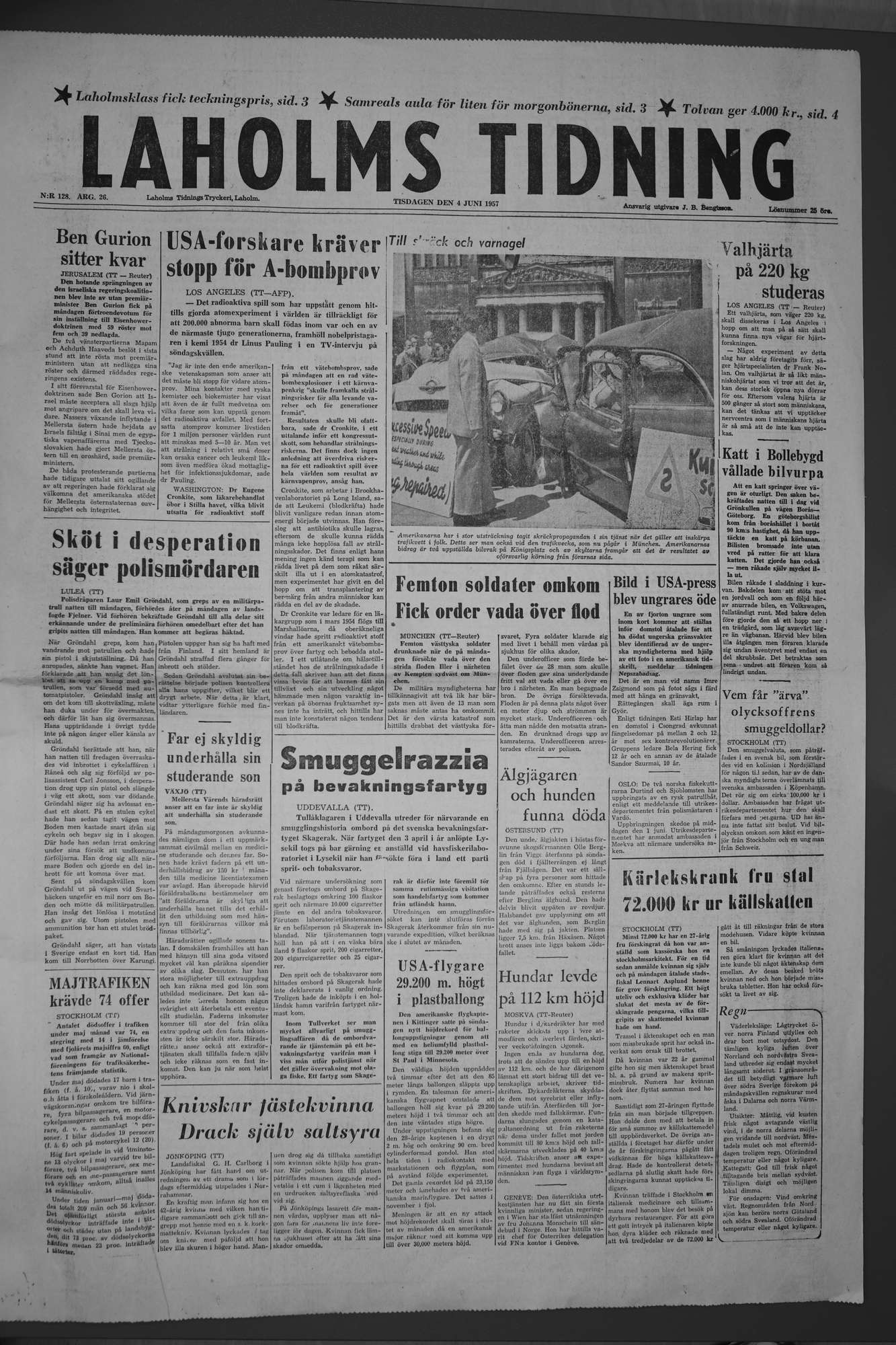 Laholms Tidning Tisdag 4 juni 1957, sida 1