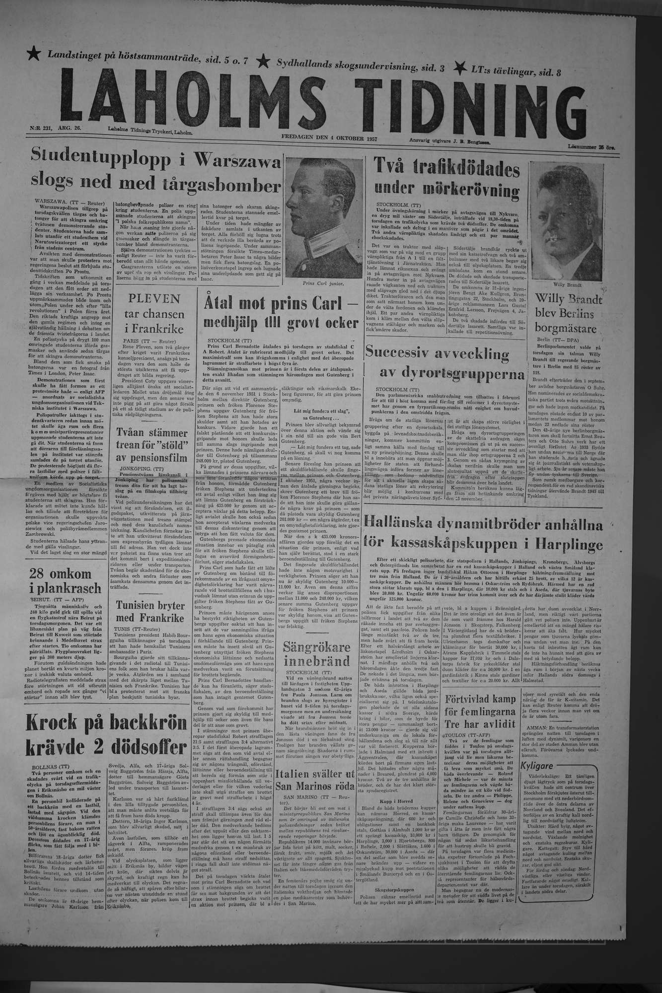 Laholms Tidning Fredag 4 oktober 1957, sida 1