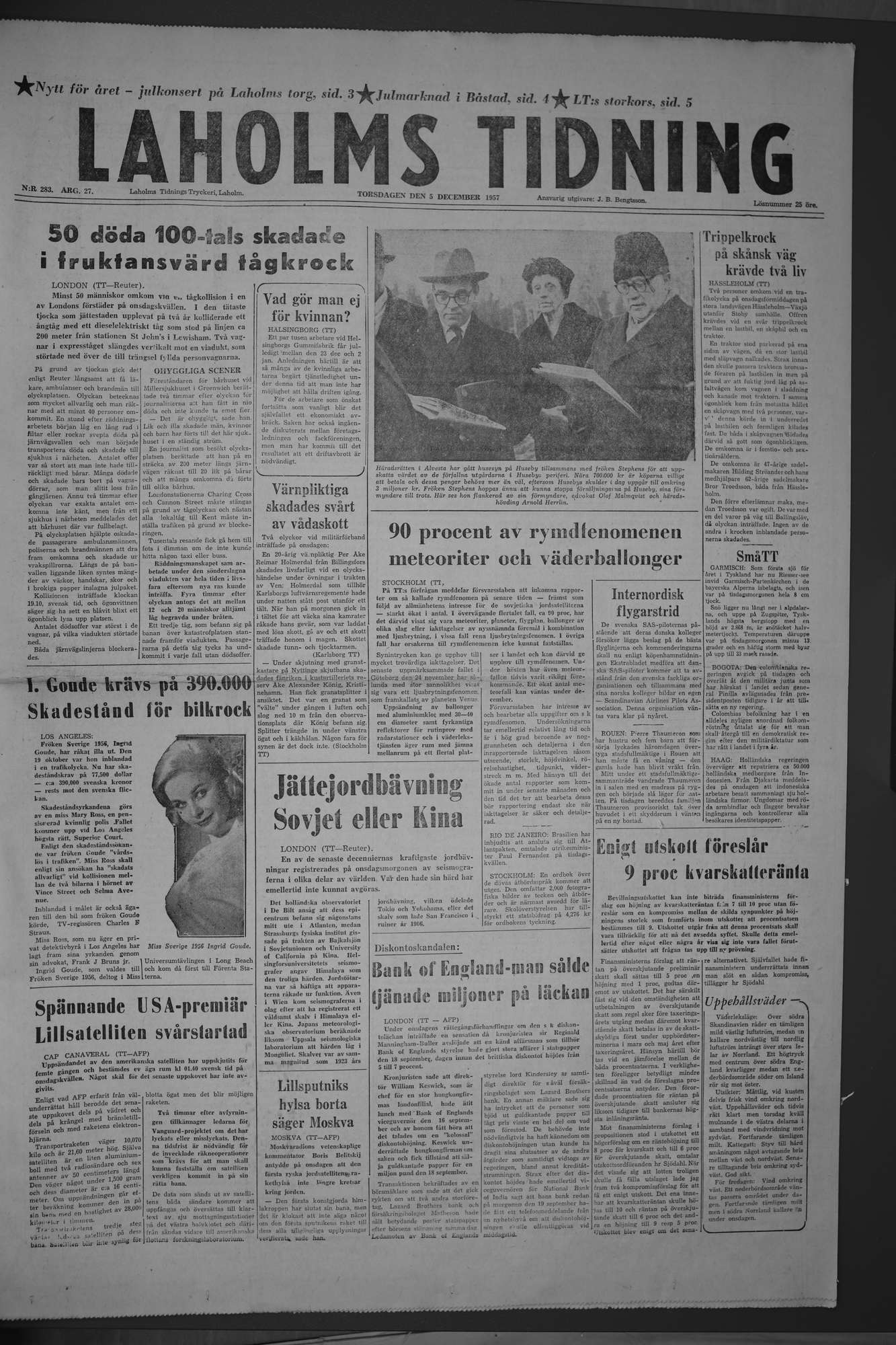 Laholms Tidning Torsdag 5 december 1957, sida 1