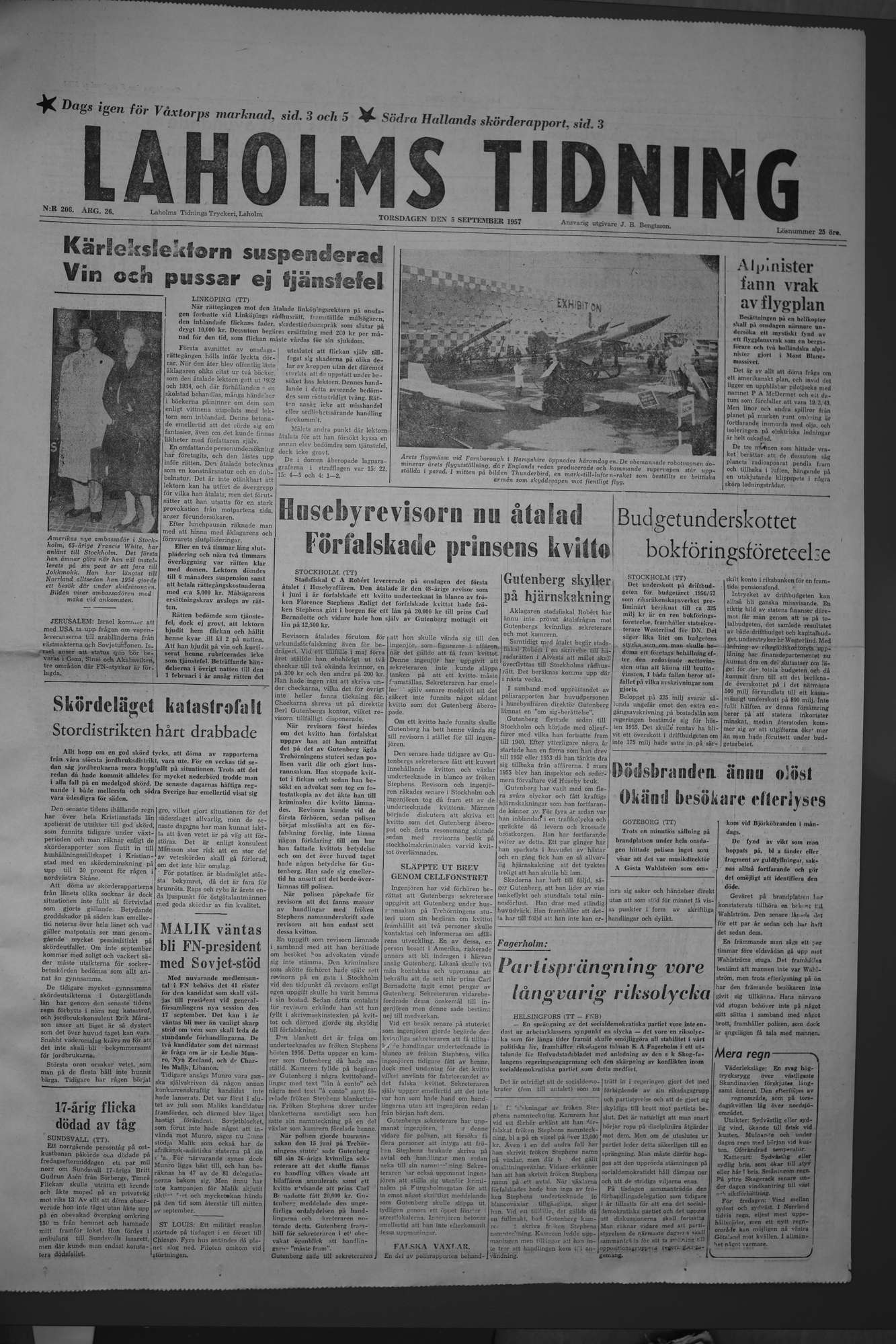 Laholms Tidning Torsdag 5 september 1957, sida 1