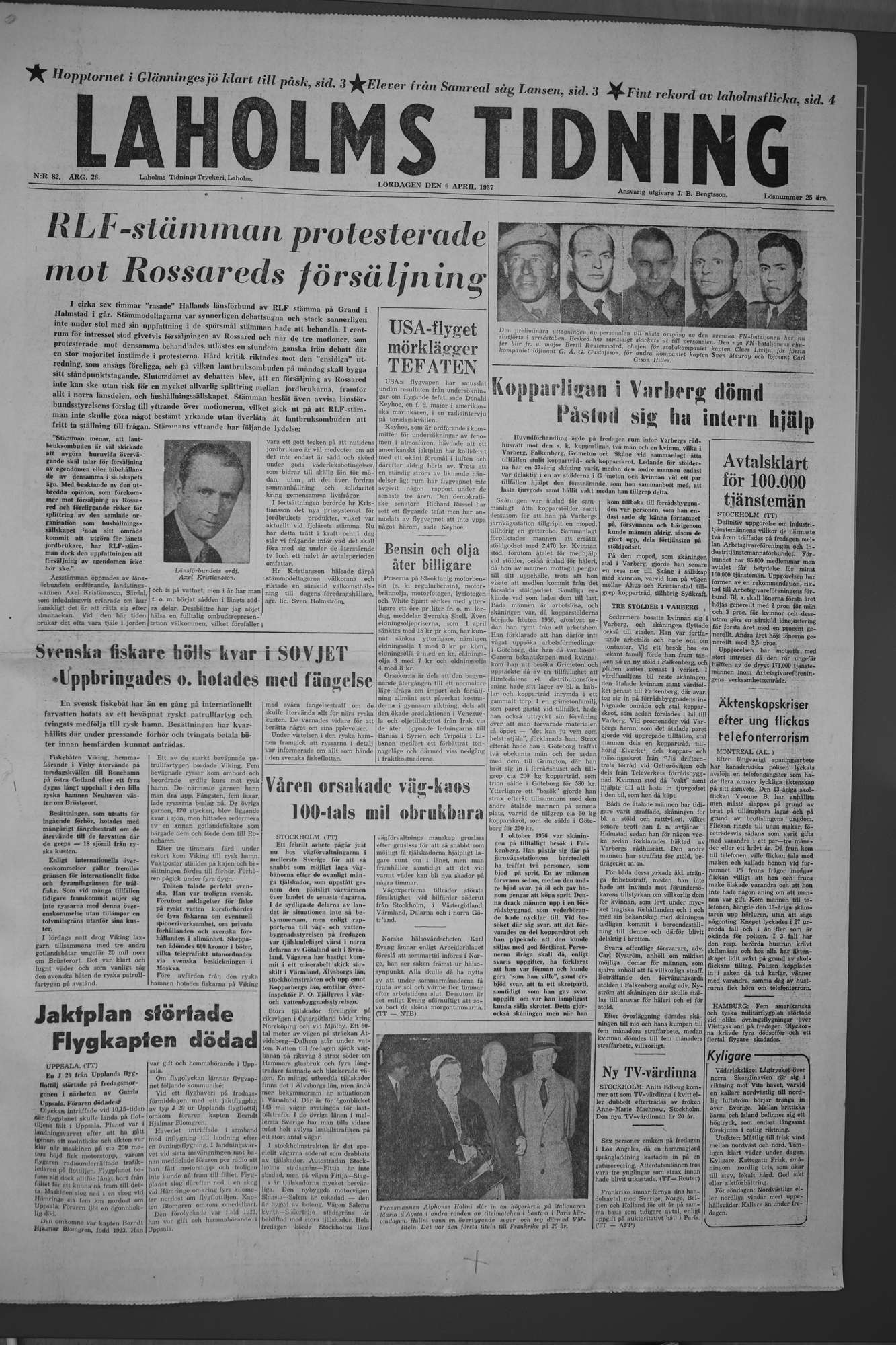 Laholms Tidning Lördag 6 april 1957, sida 1