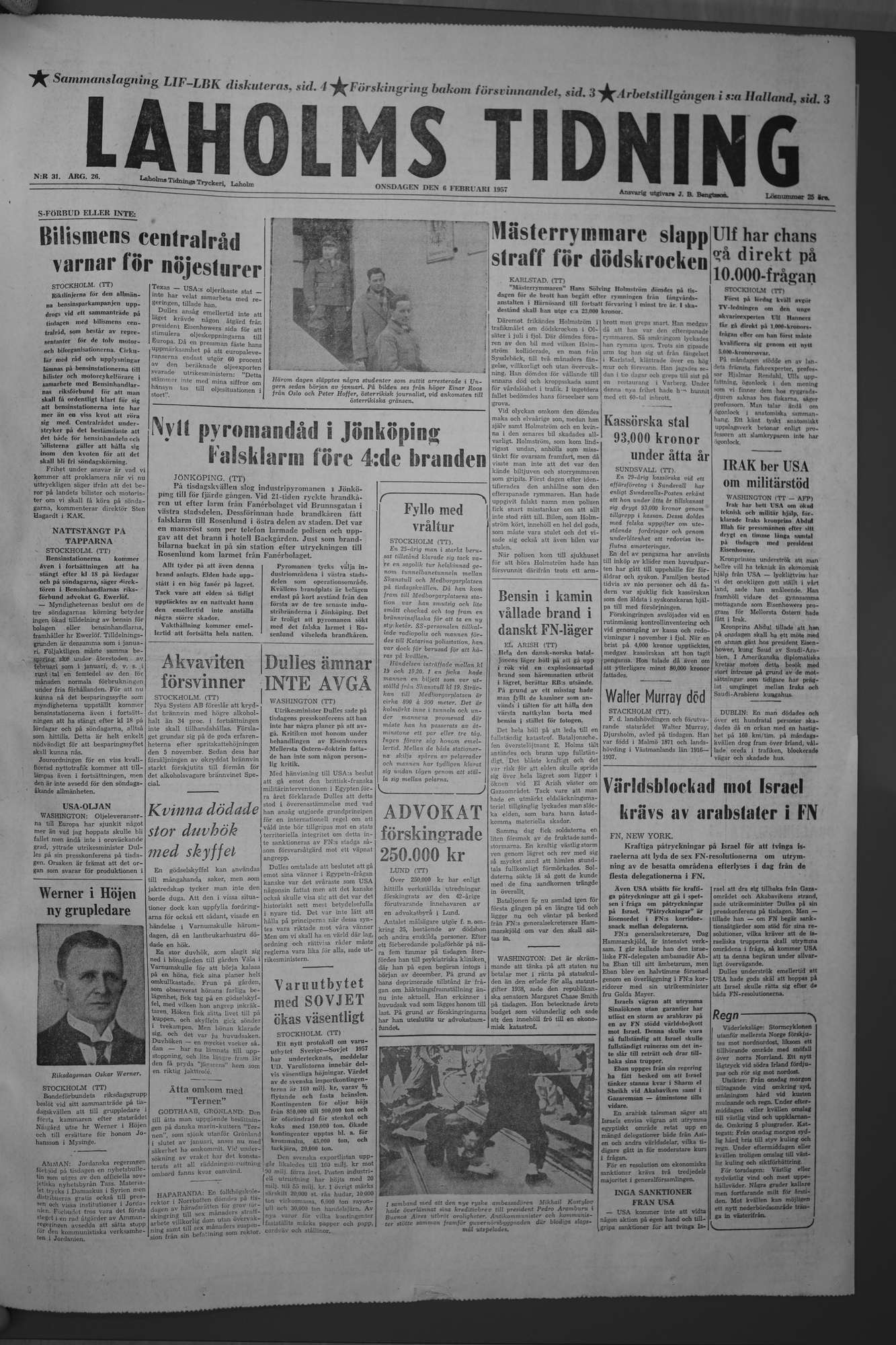 Laholms Tidning Onsdag 6 februari 1957, sida 1