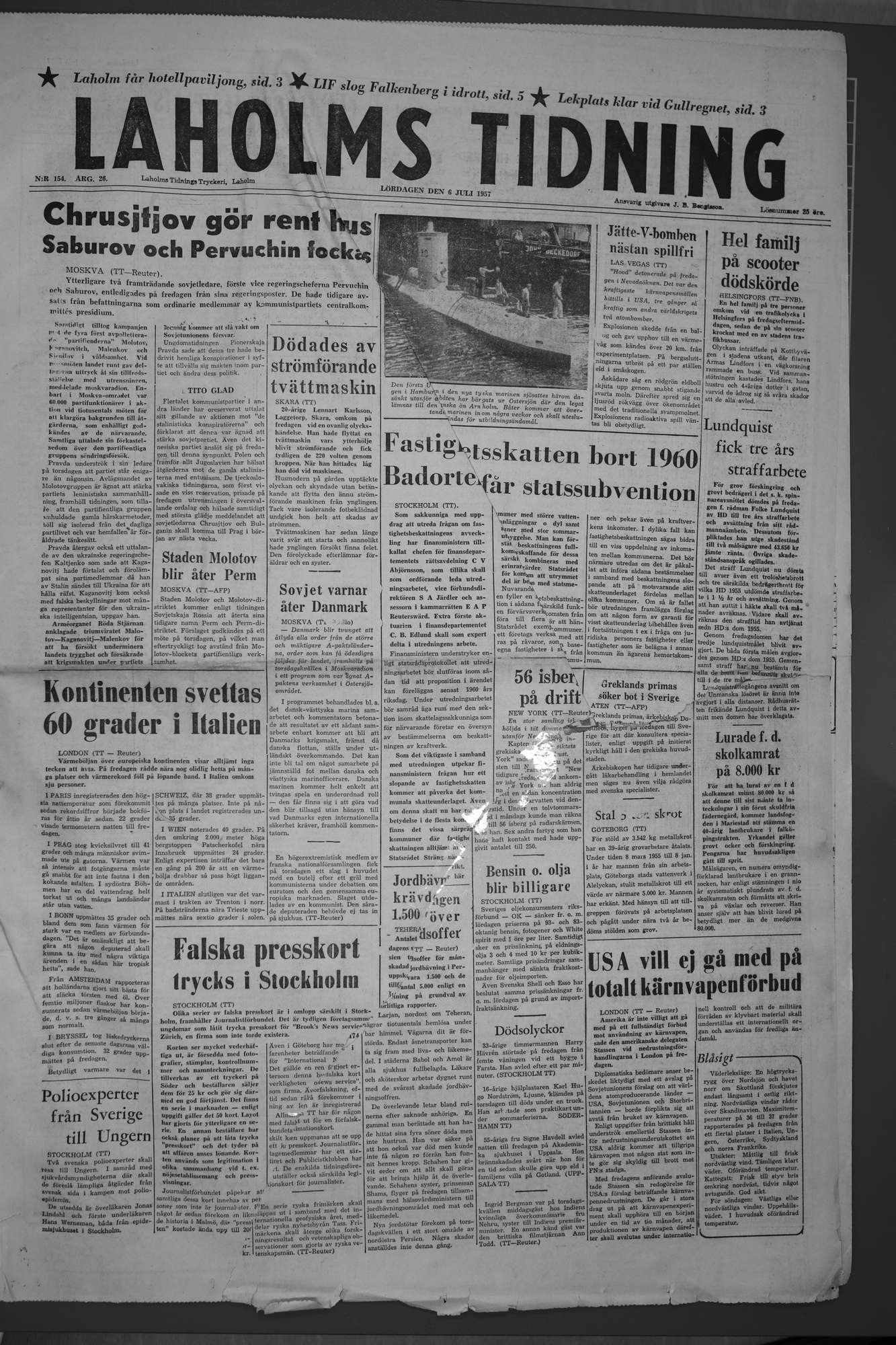 Laholms Tidning Lördag 6 juli 1957, sida 1