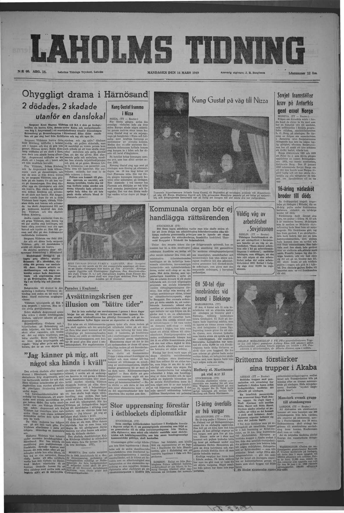 Laholms Tidning Måndag 14 mars 1949, sida 1