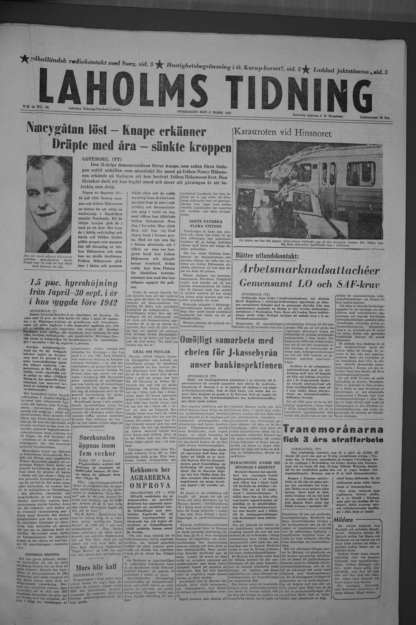 Laholms Tidning Onsdag 6 mars 1957, sida 1