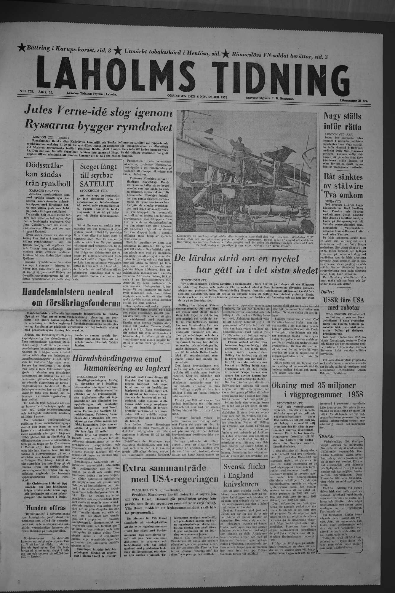 Laholms Tidning Onsdag 6 november 1957, sida 1