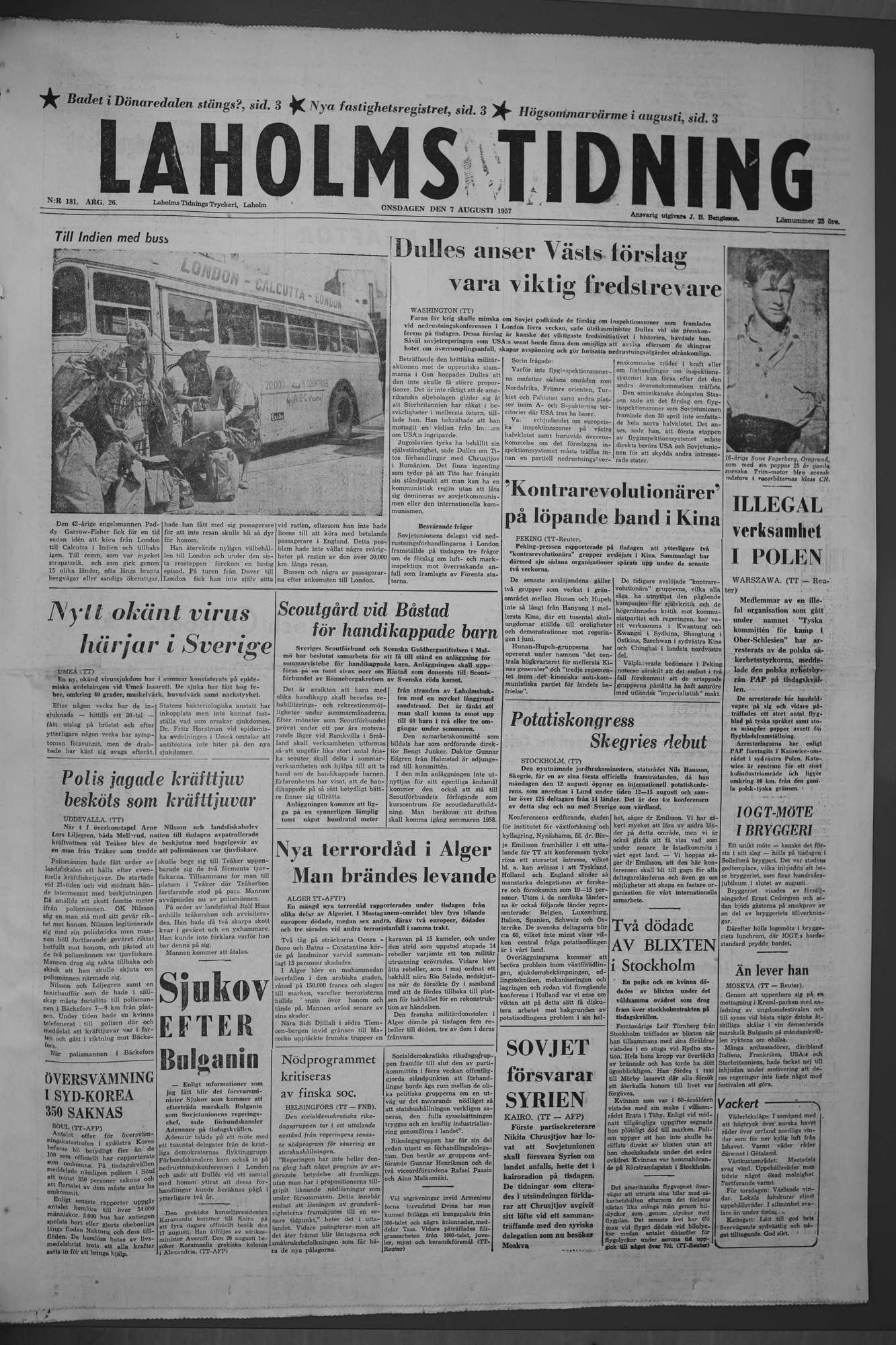 Laholms Tidning Onsdag 7 augusti 1957, sida 1