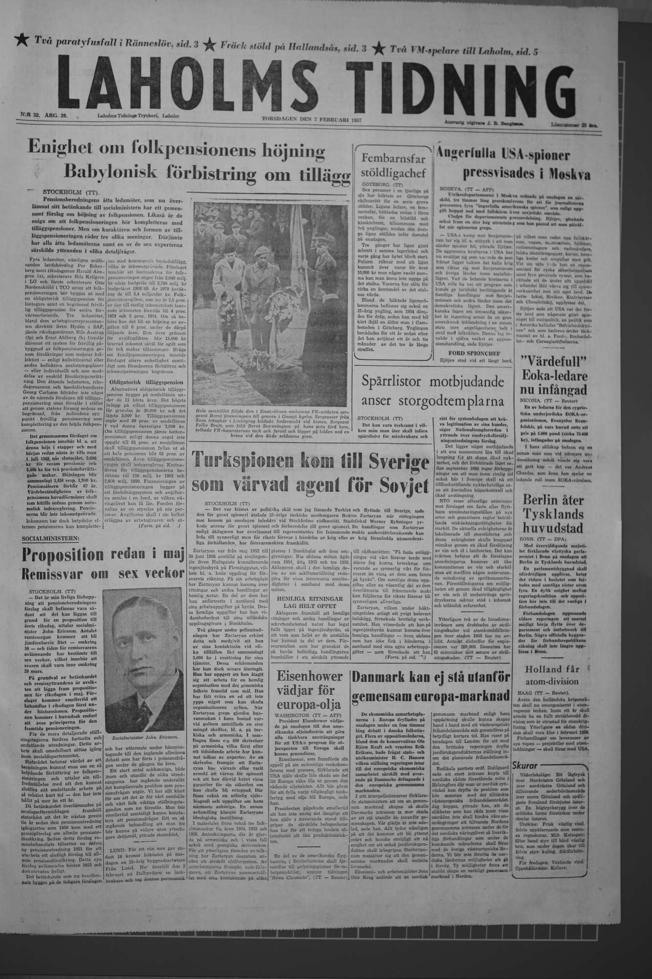Laholms Tidning Torsdag 7 februari 1957, sida 1