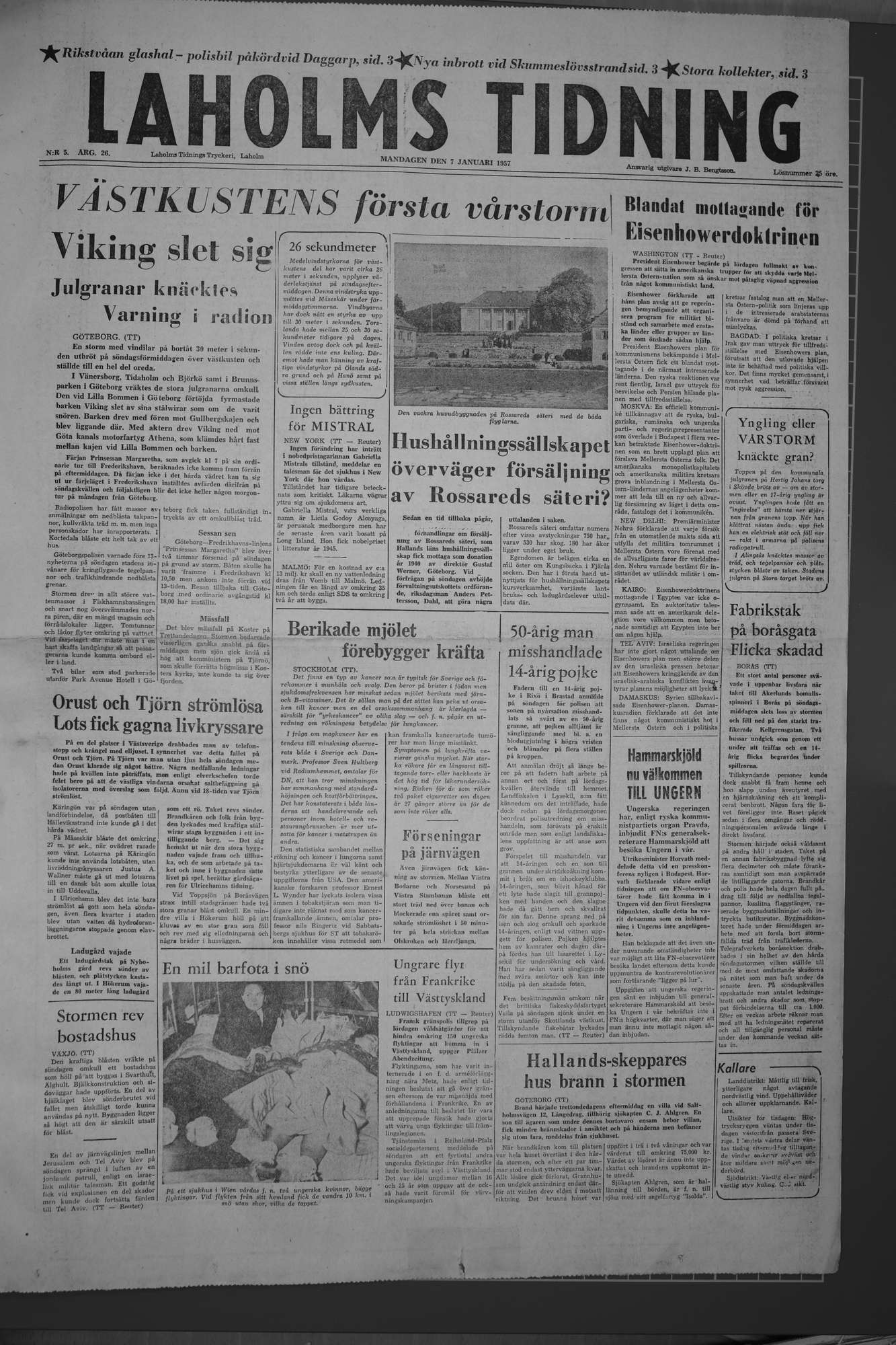 Laholms Tidning Måndag 7 januari 1957, sida 1