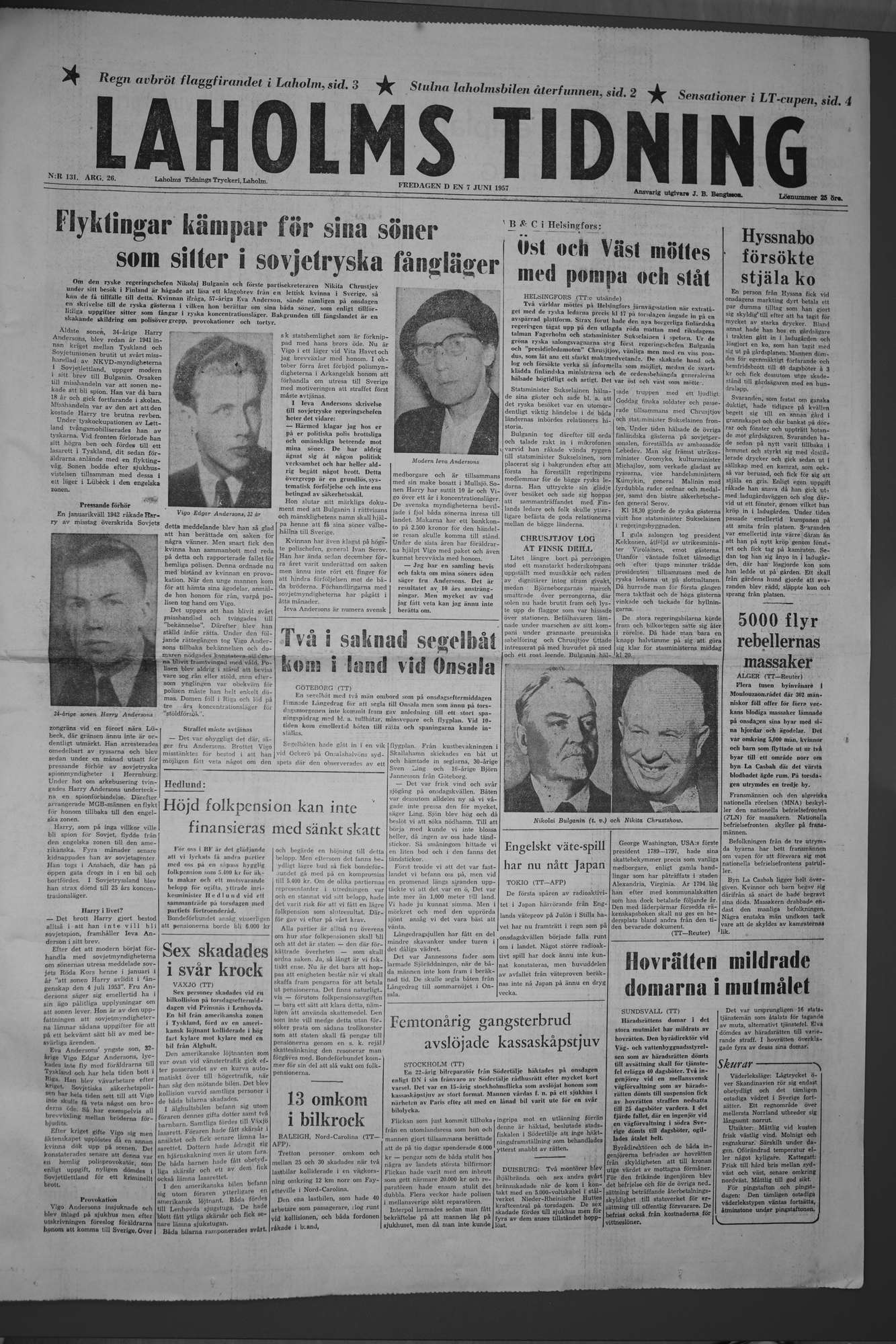 Laholms Tidning Fredag 7 juni 1957, sida 1