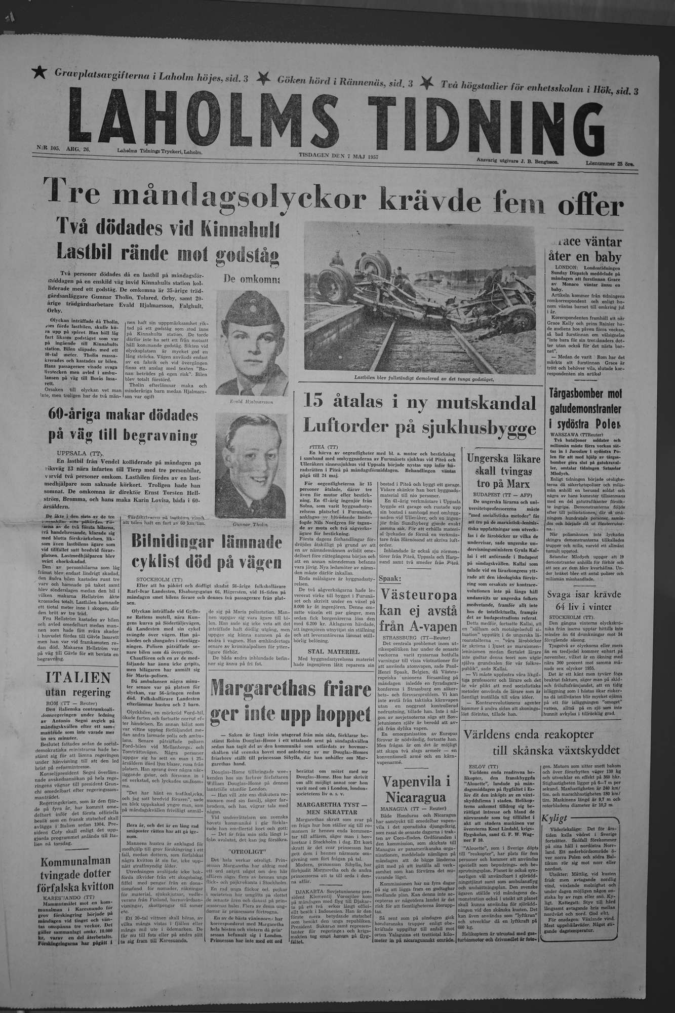 Laholms Tidning Tisdag 7 maj 1957, sida 1