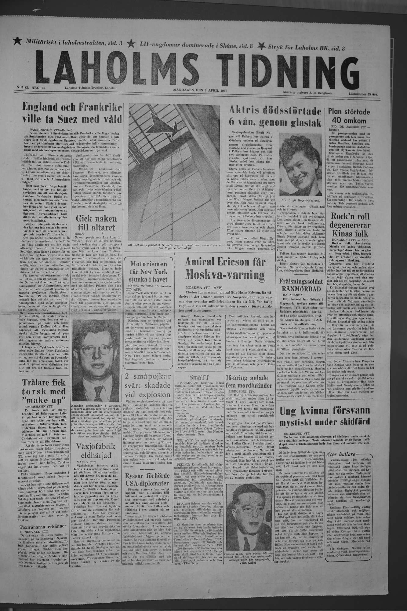 Laholms Tidning Måndag 8 april 1957, sida 1