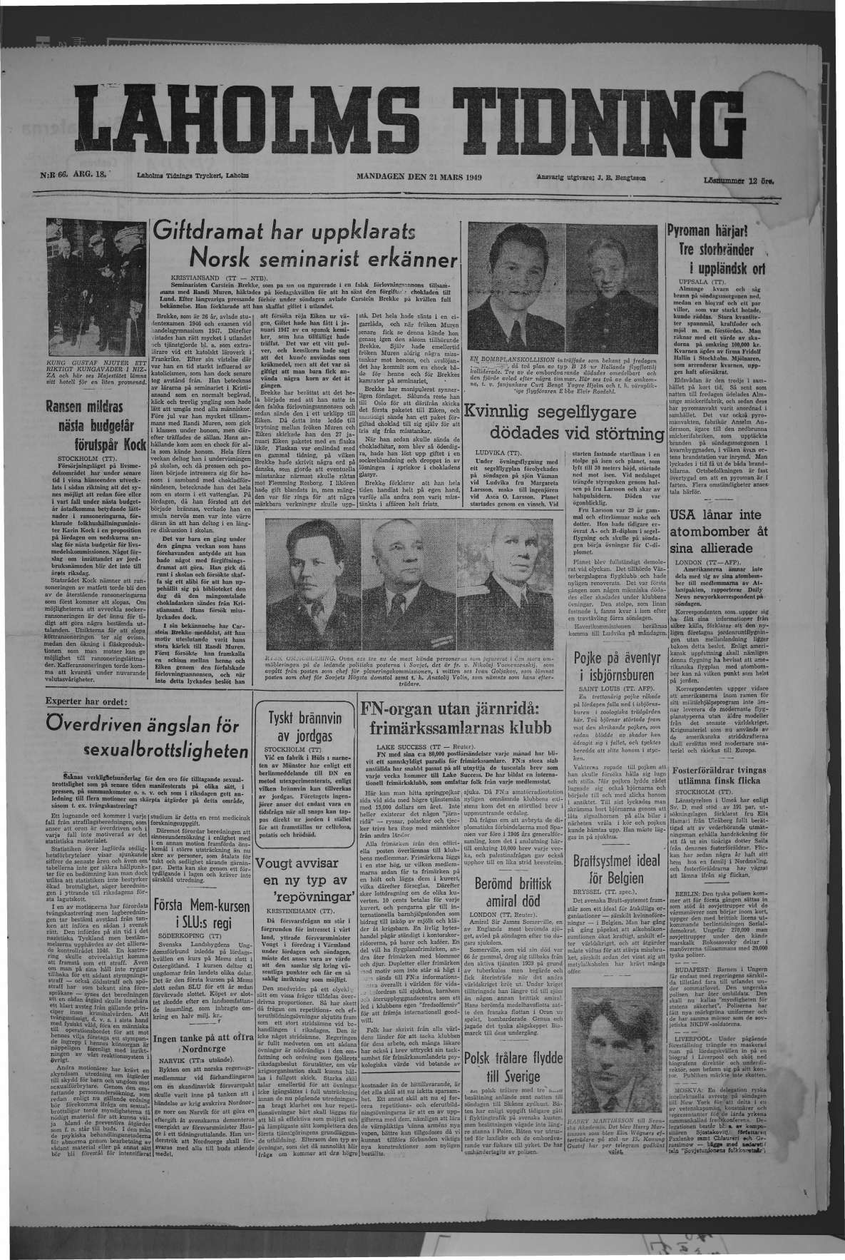 Laholms Tidning Måndag 21 mars 1949, sida 1