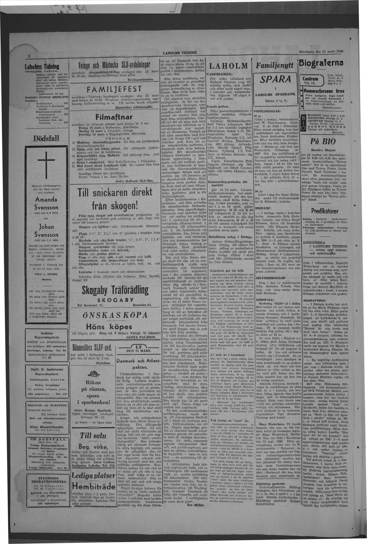 Laholms Tidning Måndag 21 mars 1949, sida 2