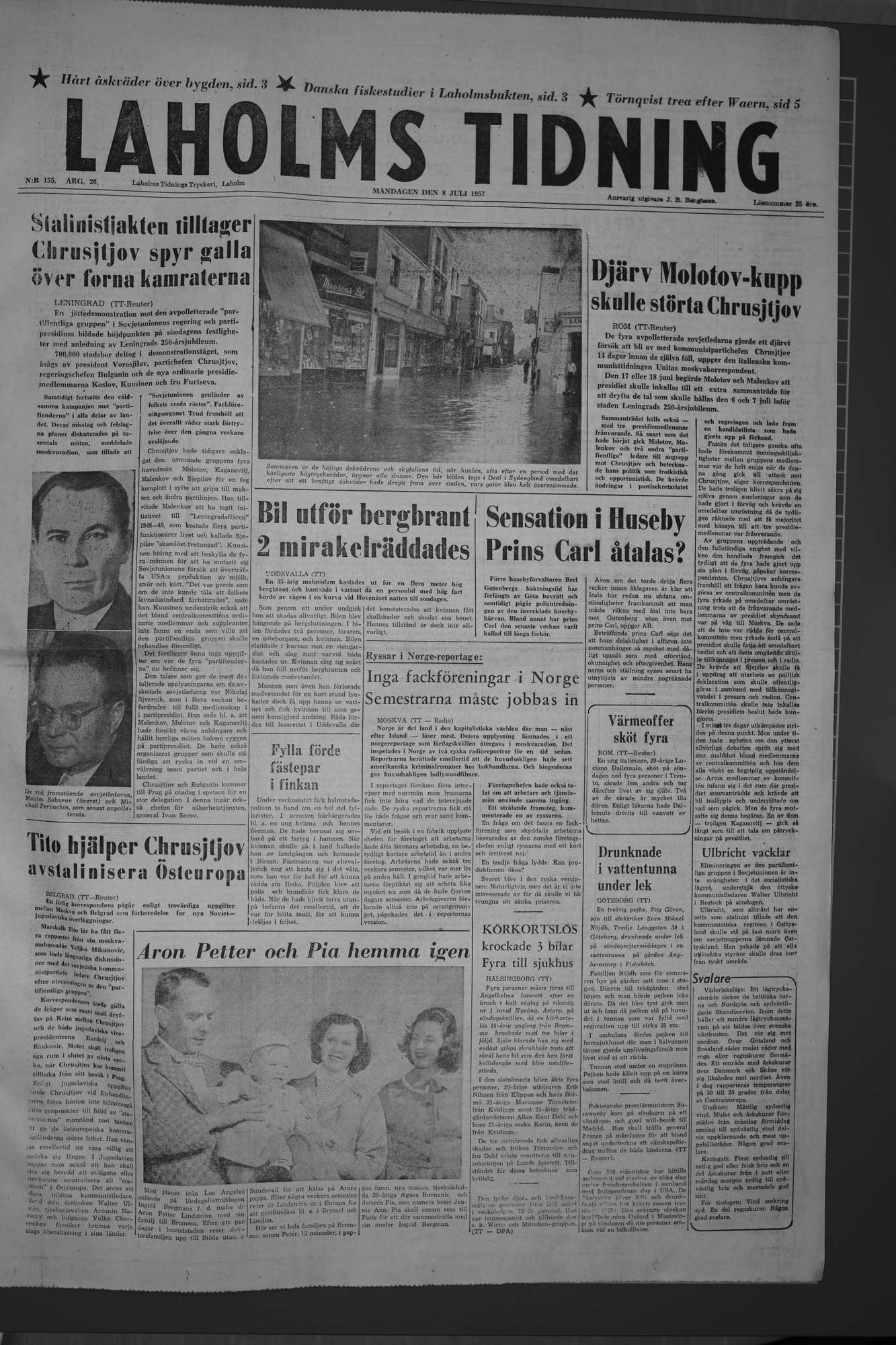 Laholms Tidning Måndag 8 juli 1957, sida 1