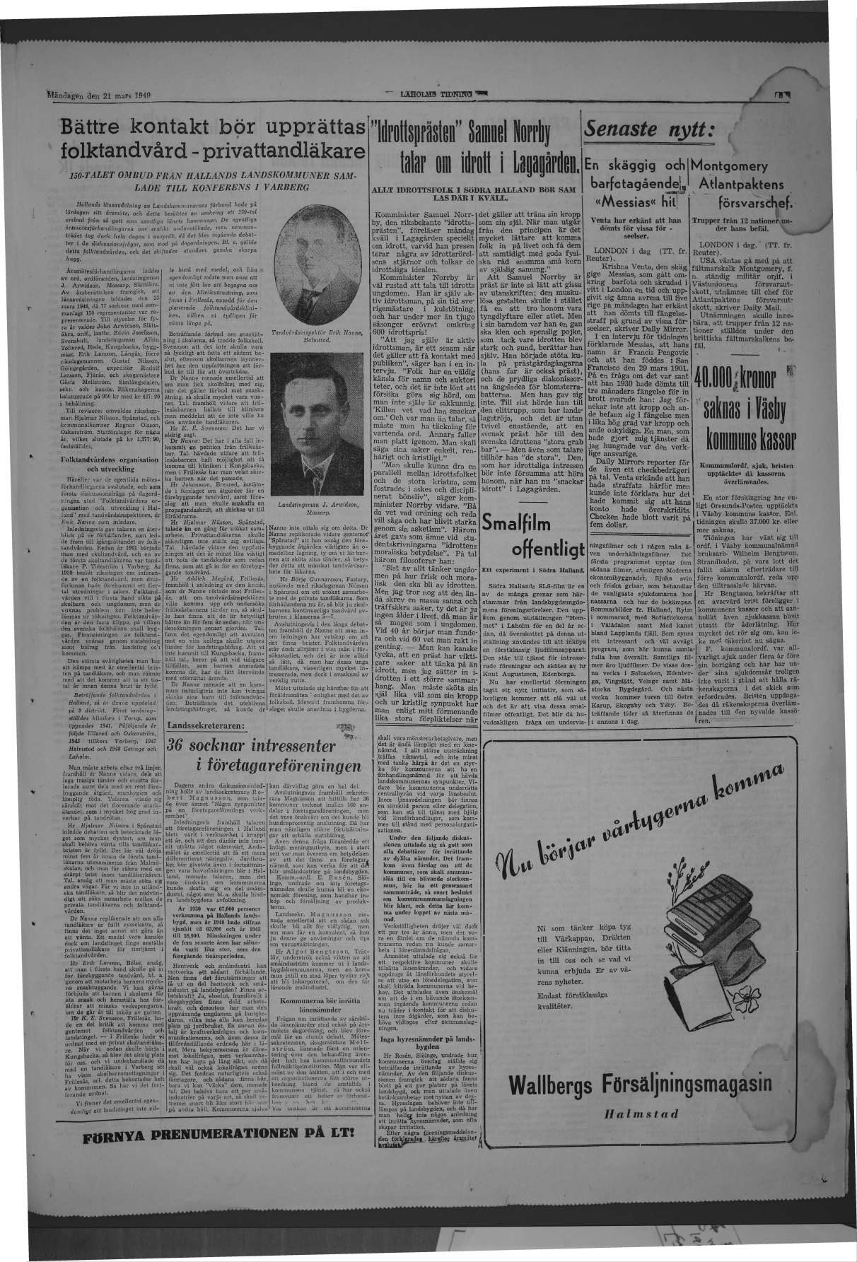 Laholms Tidning Måndag 21 mars 1949, sida 3