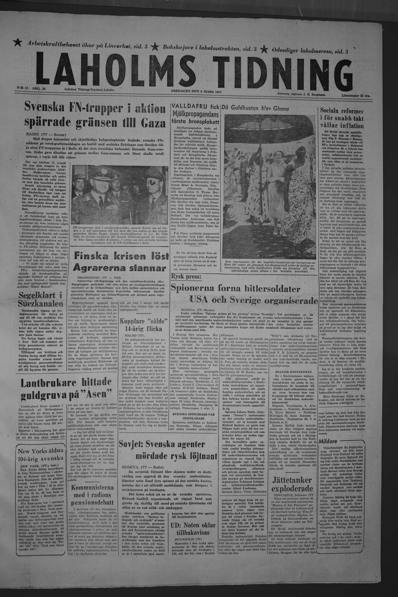 Laholms Tidning Fredag 8 mars 1957, sida 1