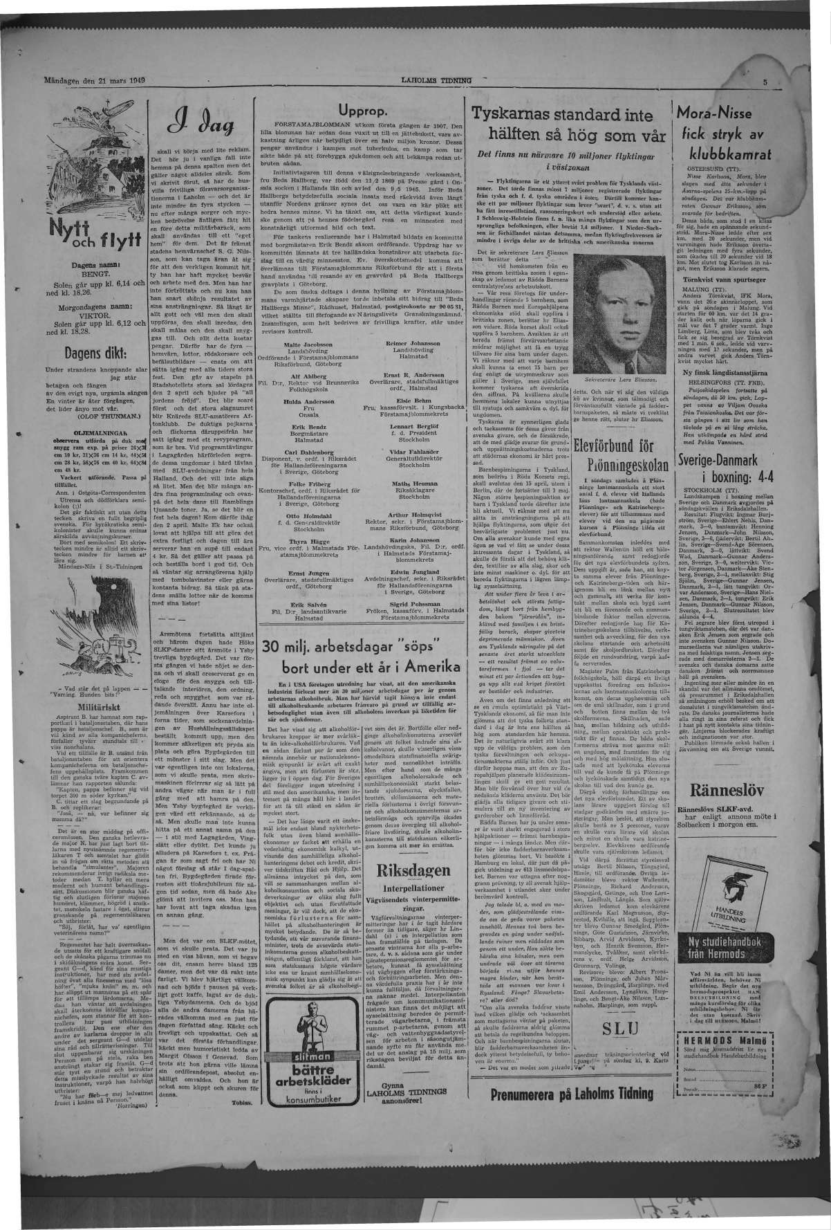 Laholms Tidning Måndag 21 mars 1949, sida 5