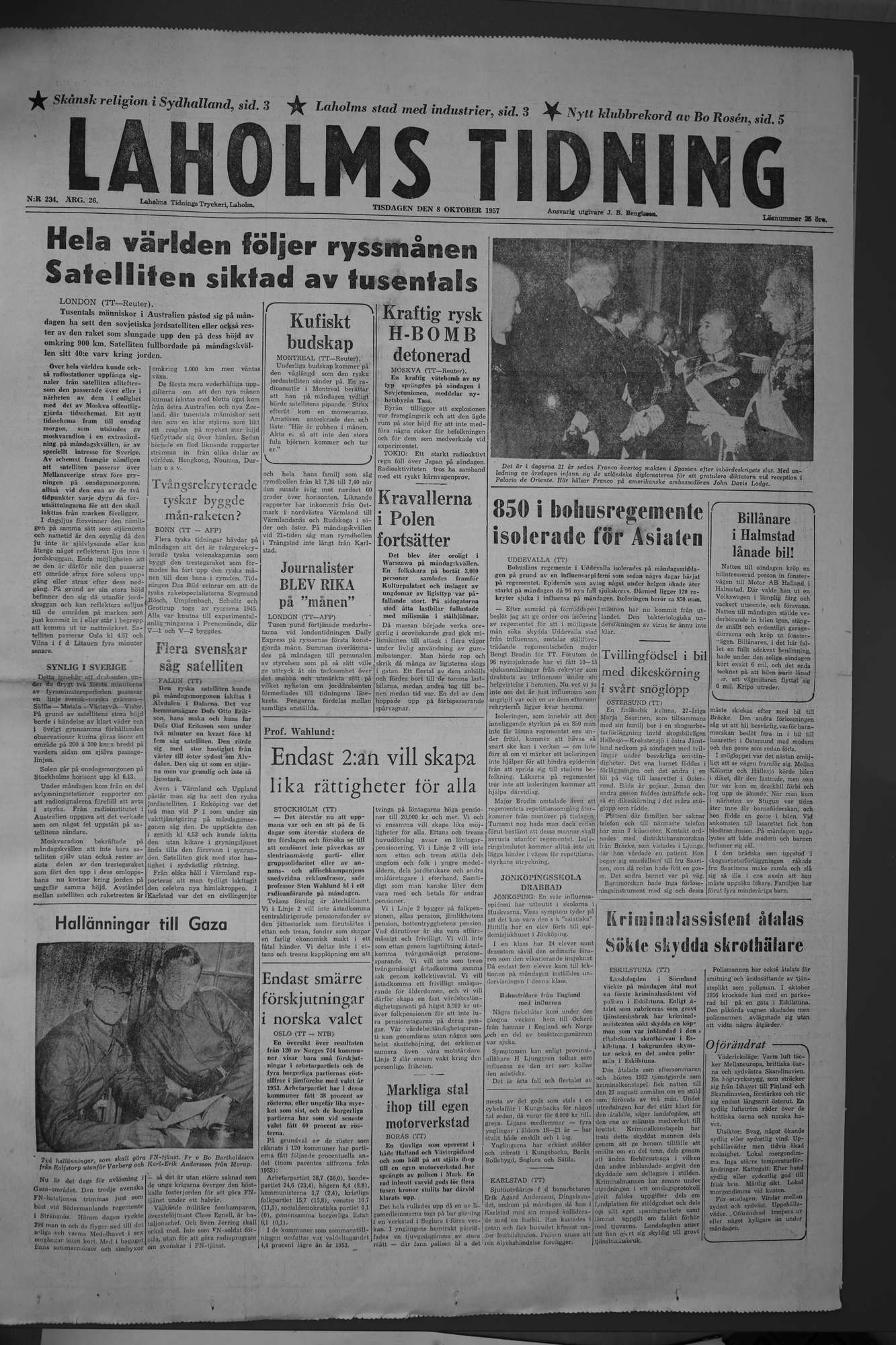 Laholms Tidning Tisdag 8 oktober 1957, sida 1