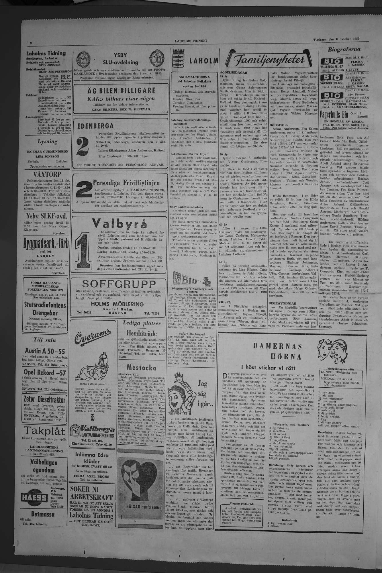 Laholms Tidning Tisdag 8 oktober 1957, sida 2