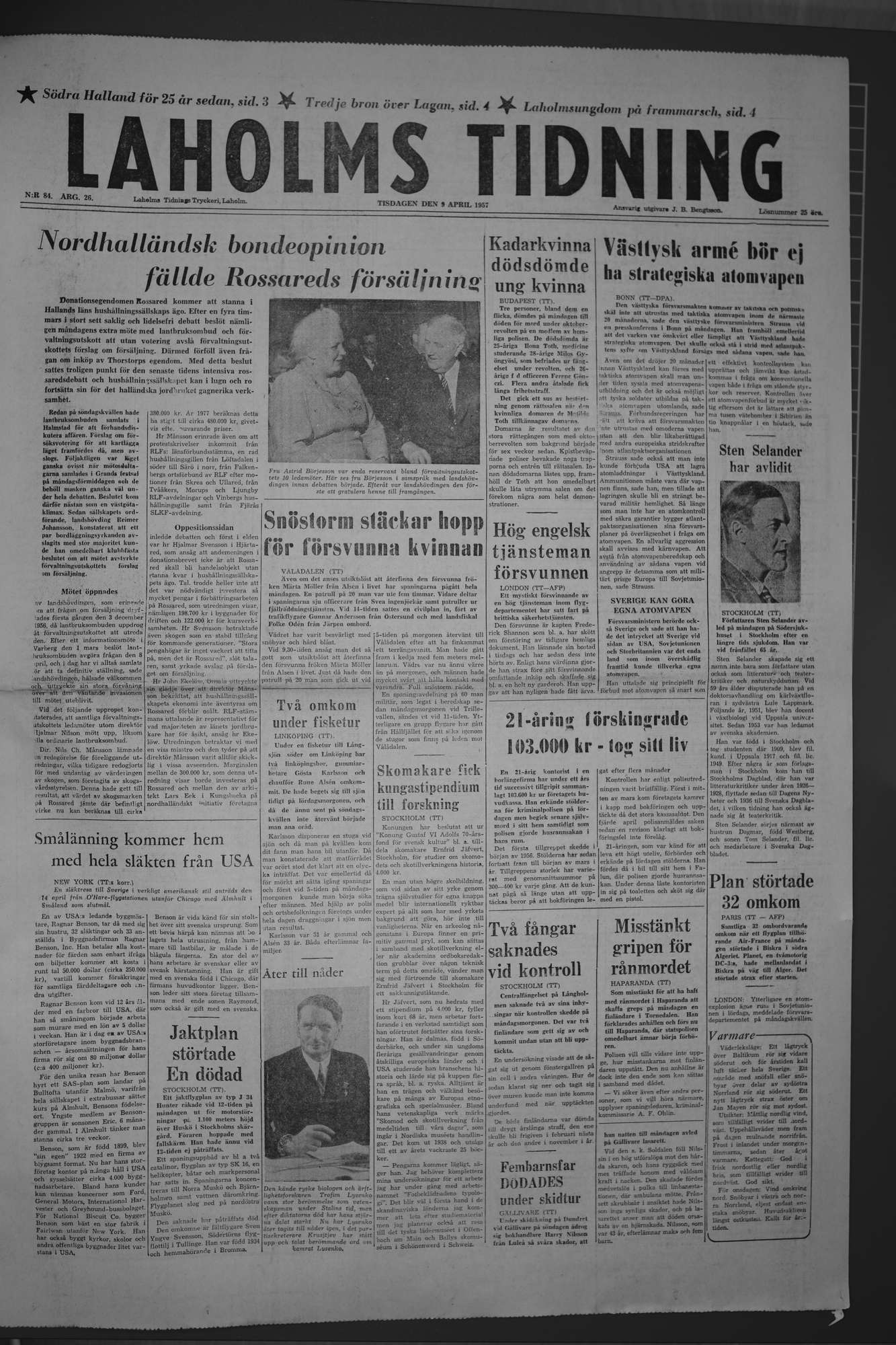 Laholms Tidning Tisdag 9 april 1957, sida 1